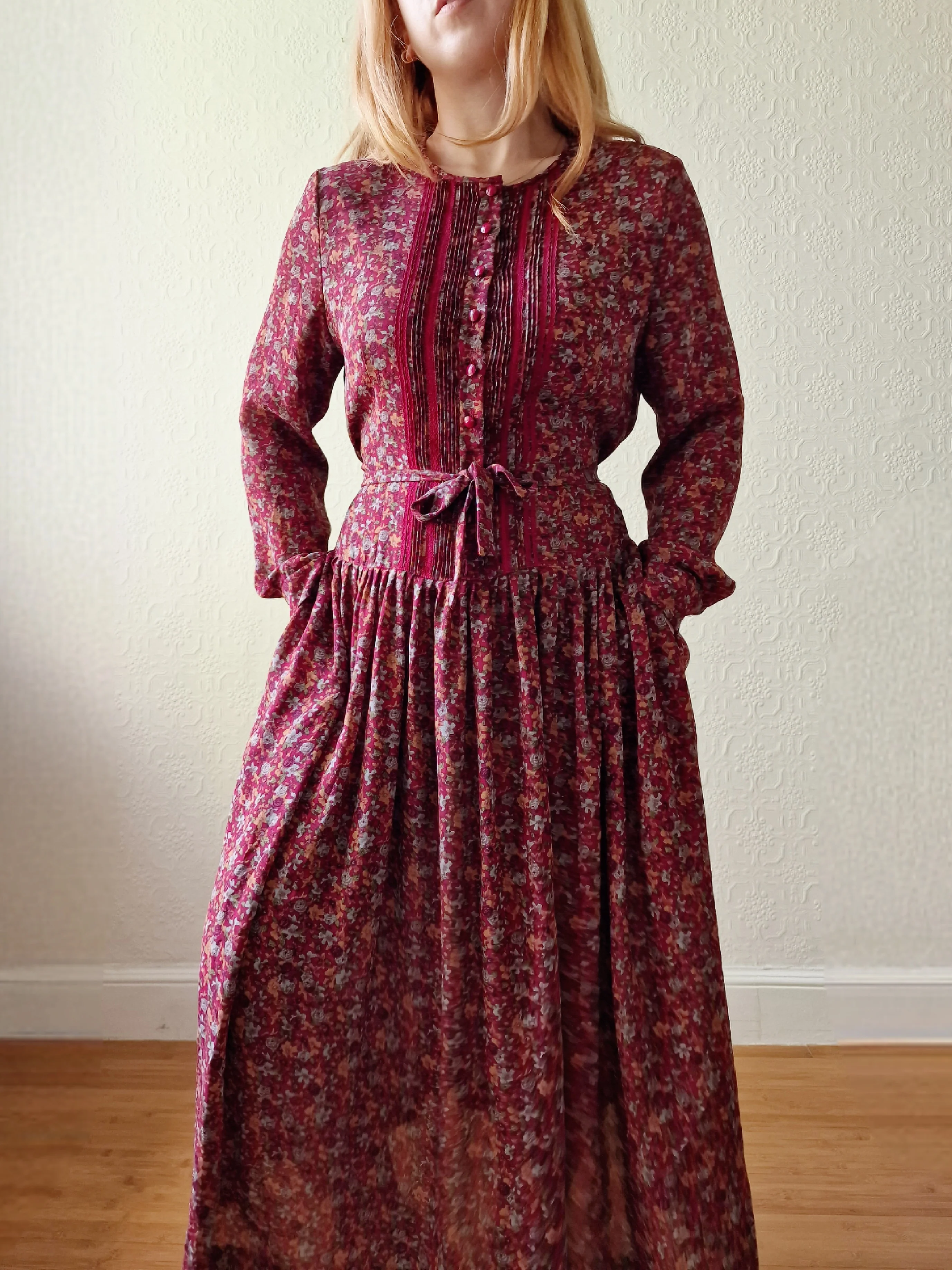 Vintage 80s Dark Red Midi Dress with Long Sleeves - S/M - Image 7