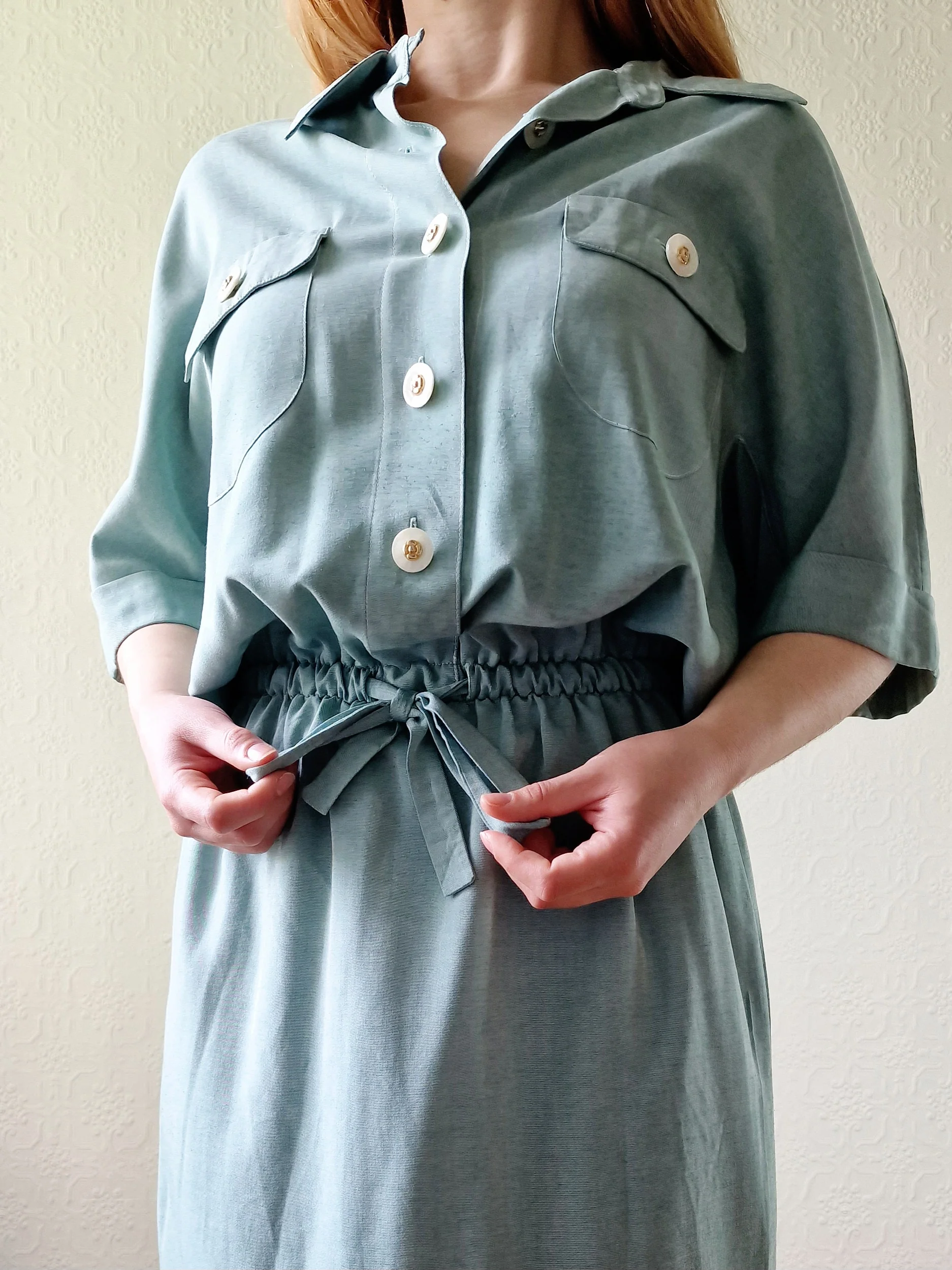 Vintage 80s Duck Egg Shirt Dress with Short Sleeves - S - Image 2
