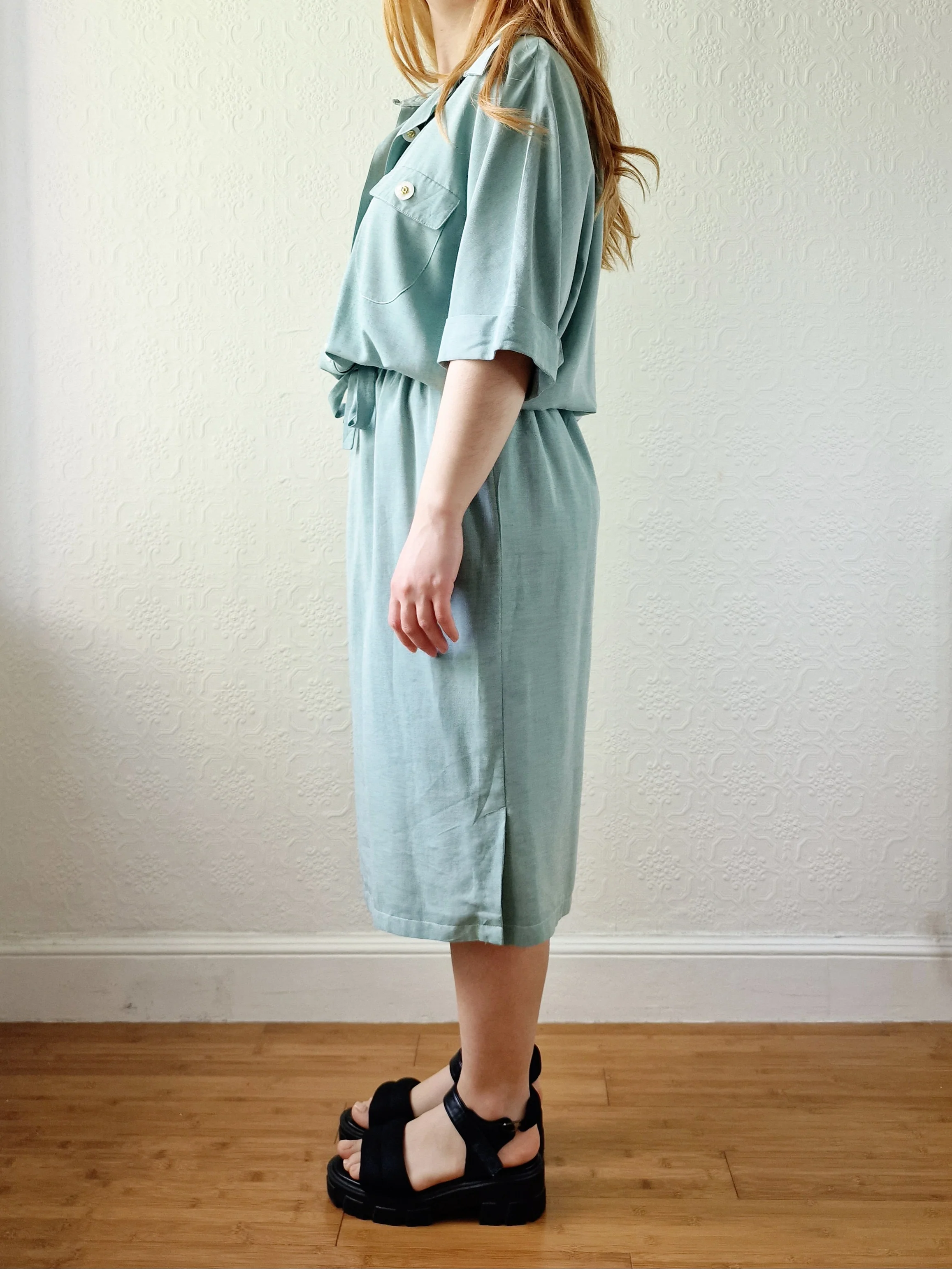 Vintage 80s Duck Egg Shirt Dress with Short Sleeves - S - Image 3