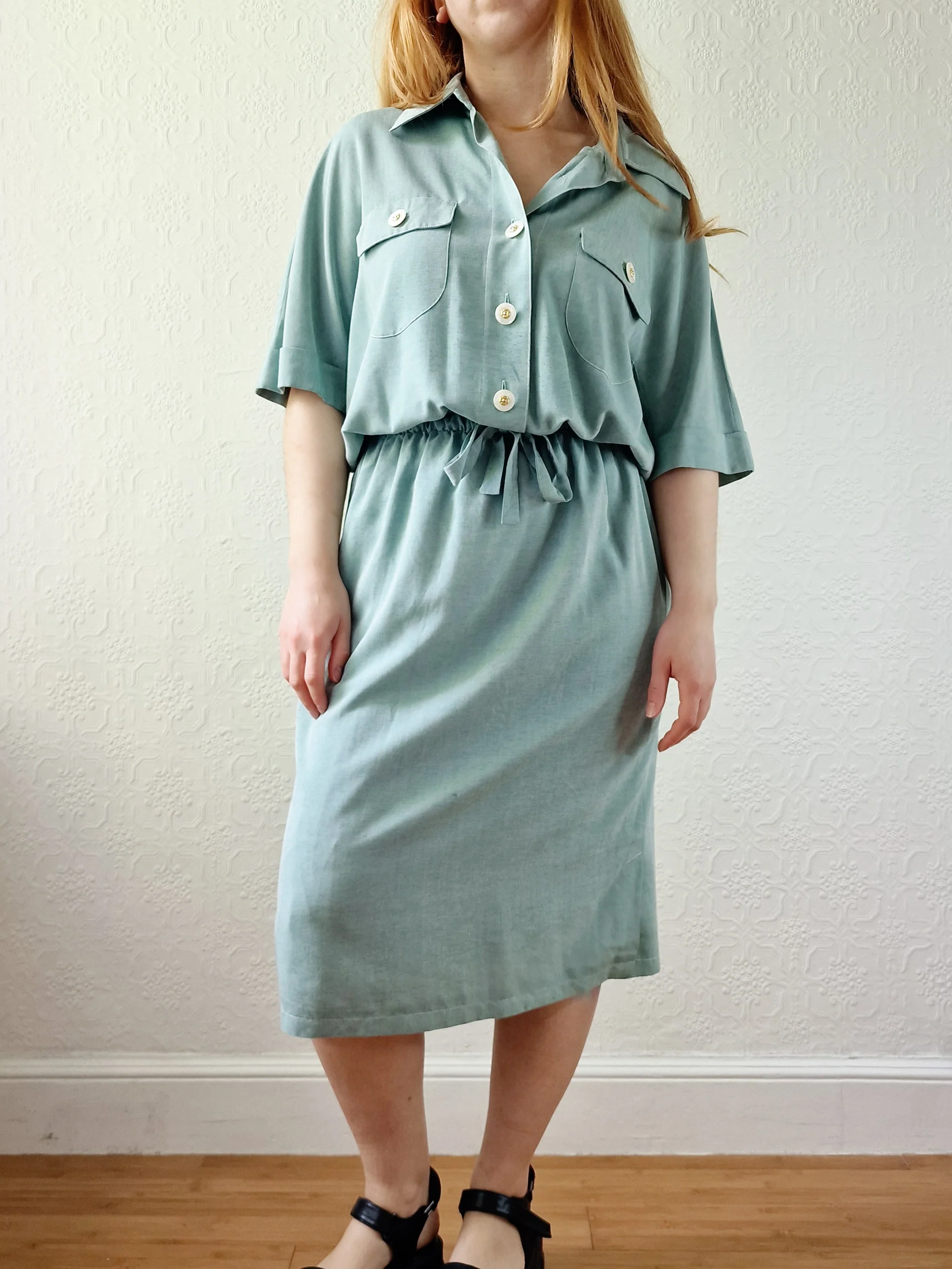 Vintage 80s Duck Egg Shirt Dress with Short Sleeves - S - Image 5