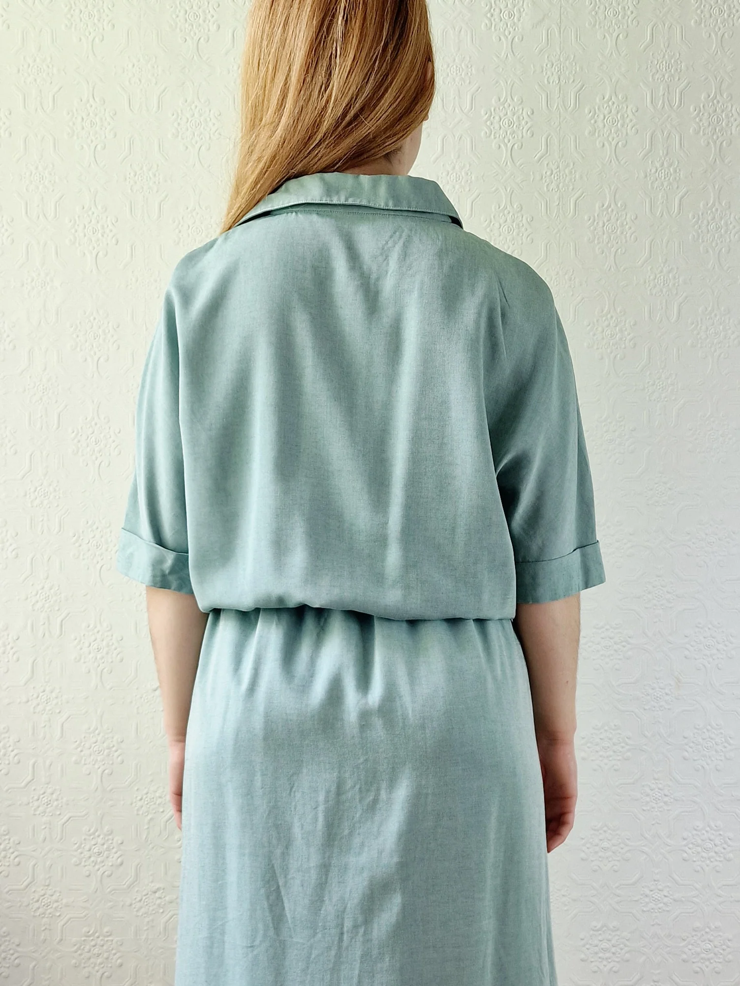 Vintage 80s Duck Egg Shirt Dress with Short Sleeves - S - Image 6