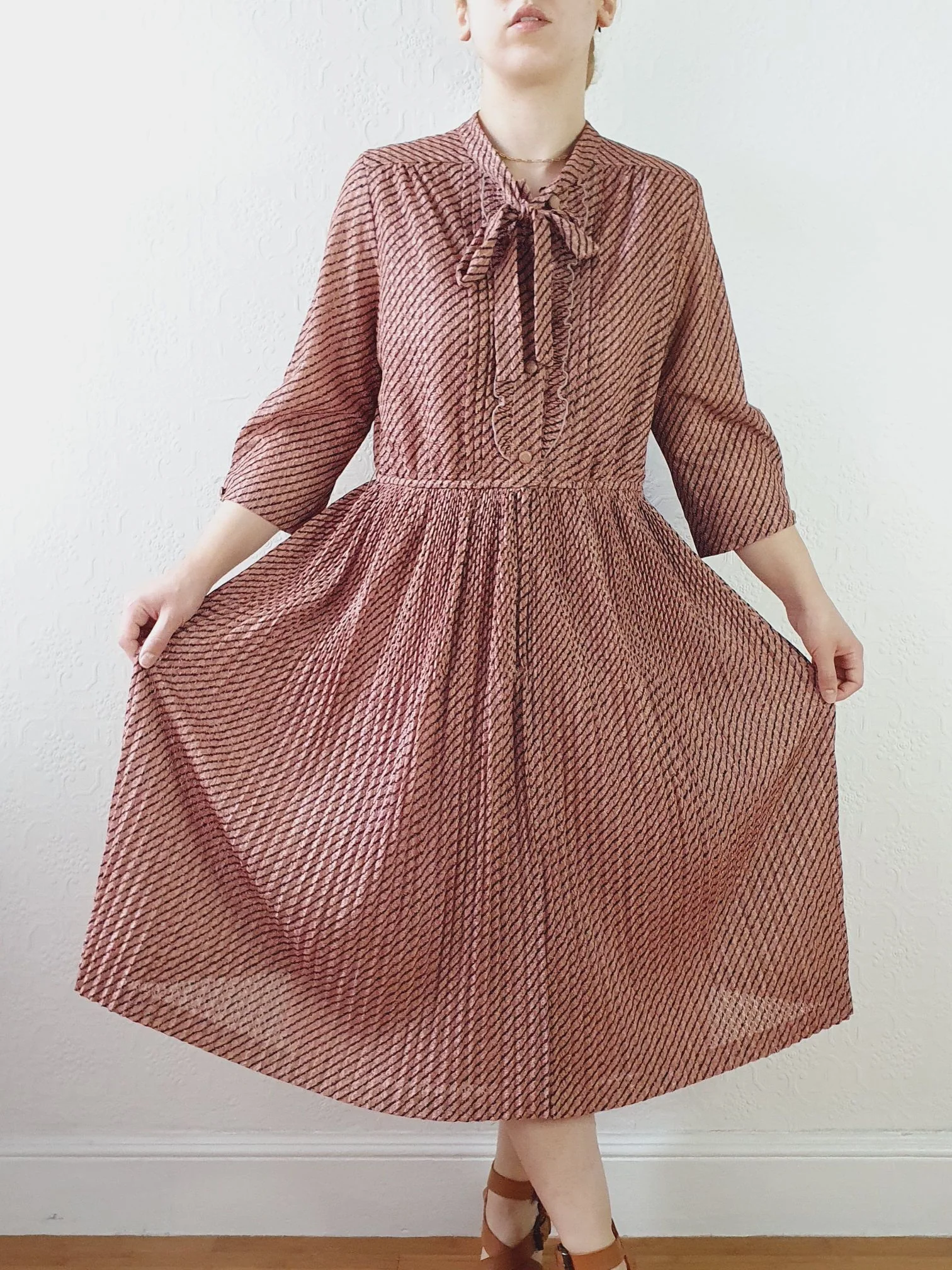 Vintage 80s Dusty Pink Striped Dress with Pussy Bow Neck - M