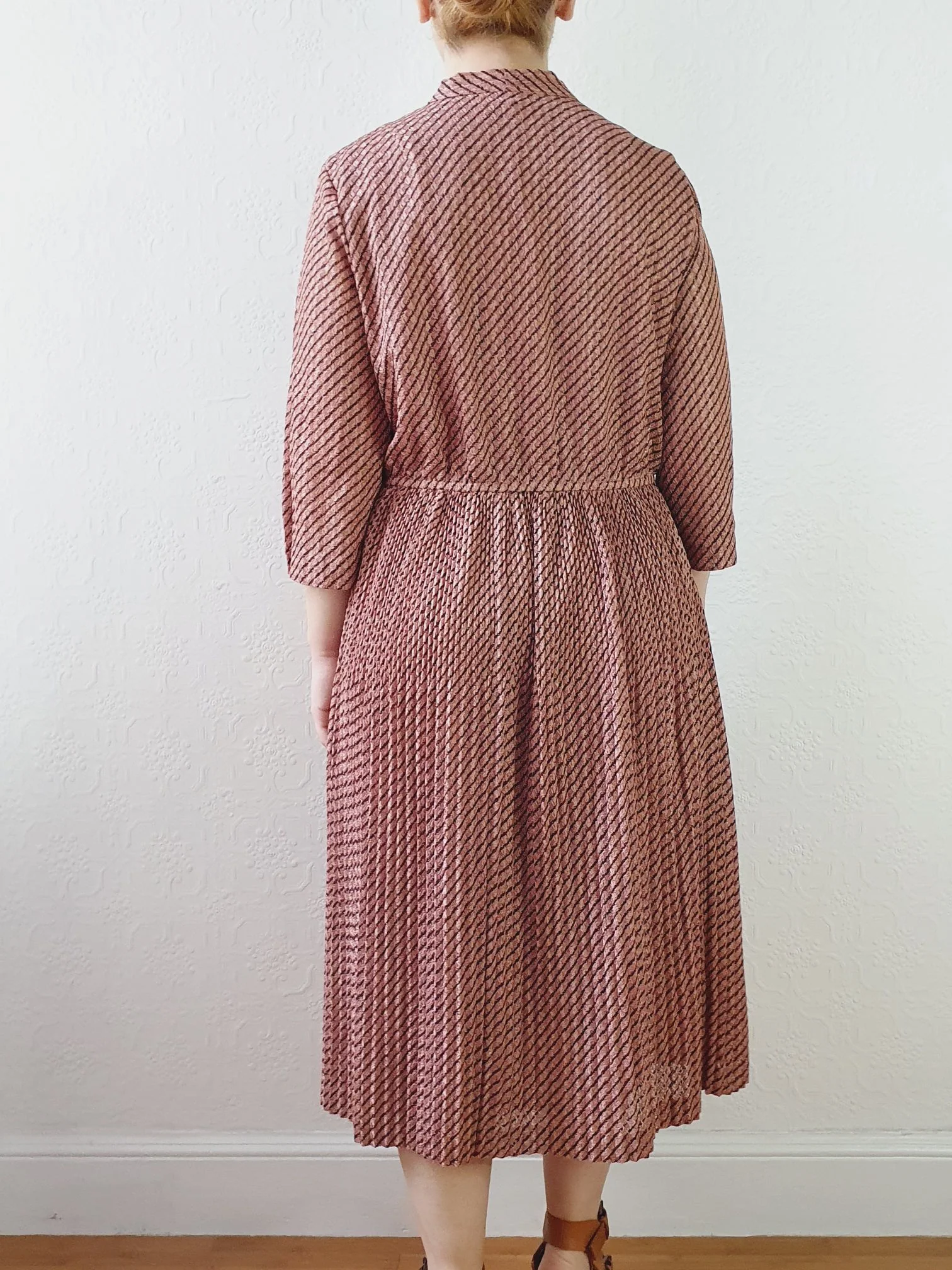 Vintage 80s Dusty Pink Striped Dress with Pussy Bow Neck - M - Image 8