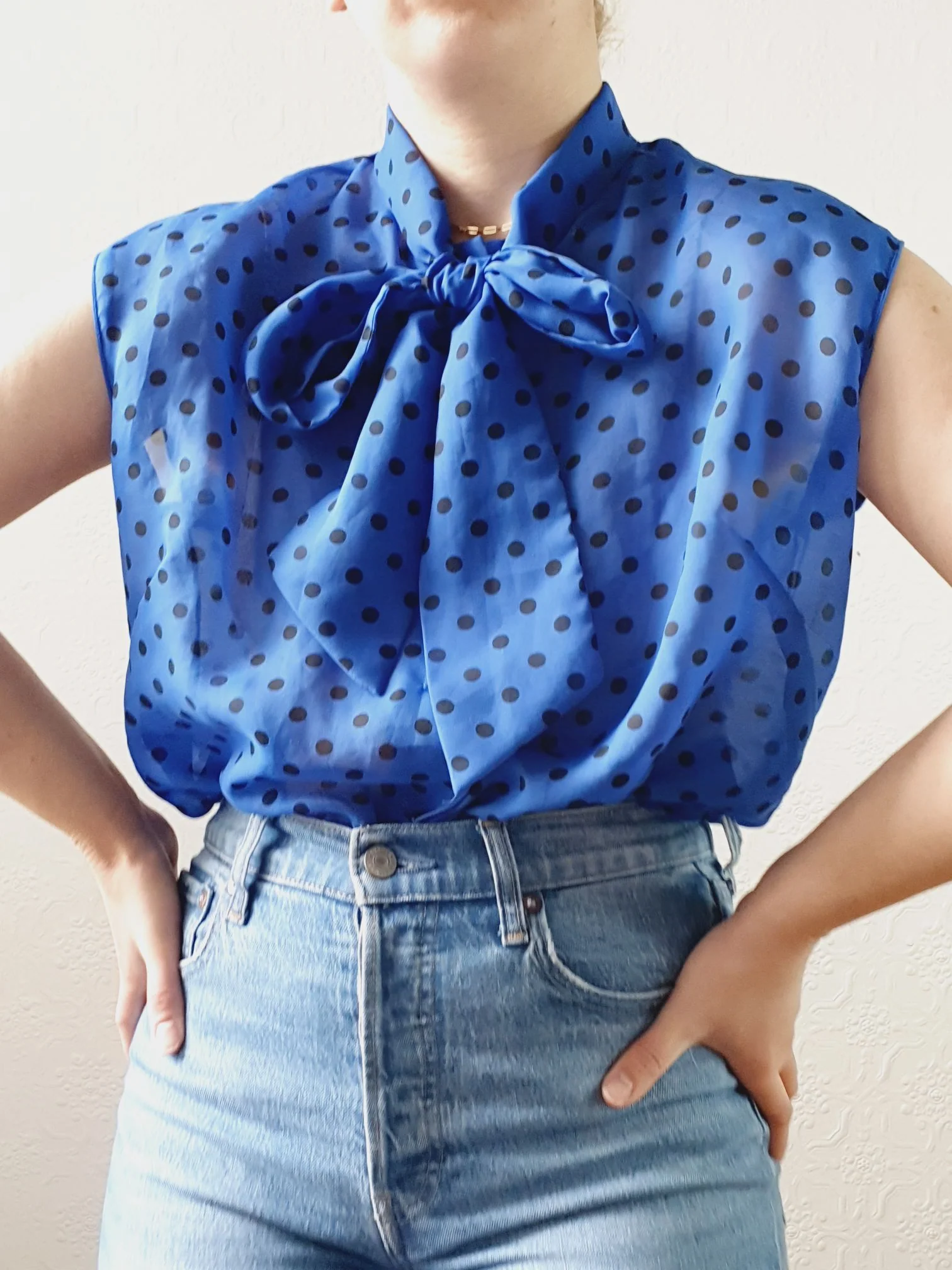 Vintage 80s Electric Blue Polka Dot Blouse with Pussy Bow Neck - S/M