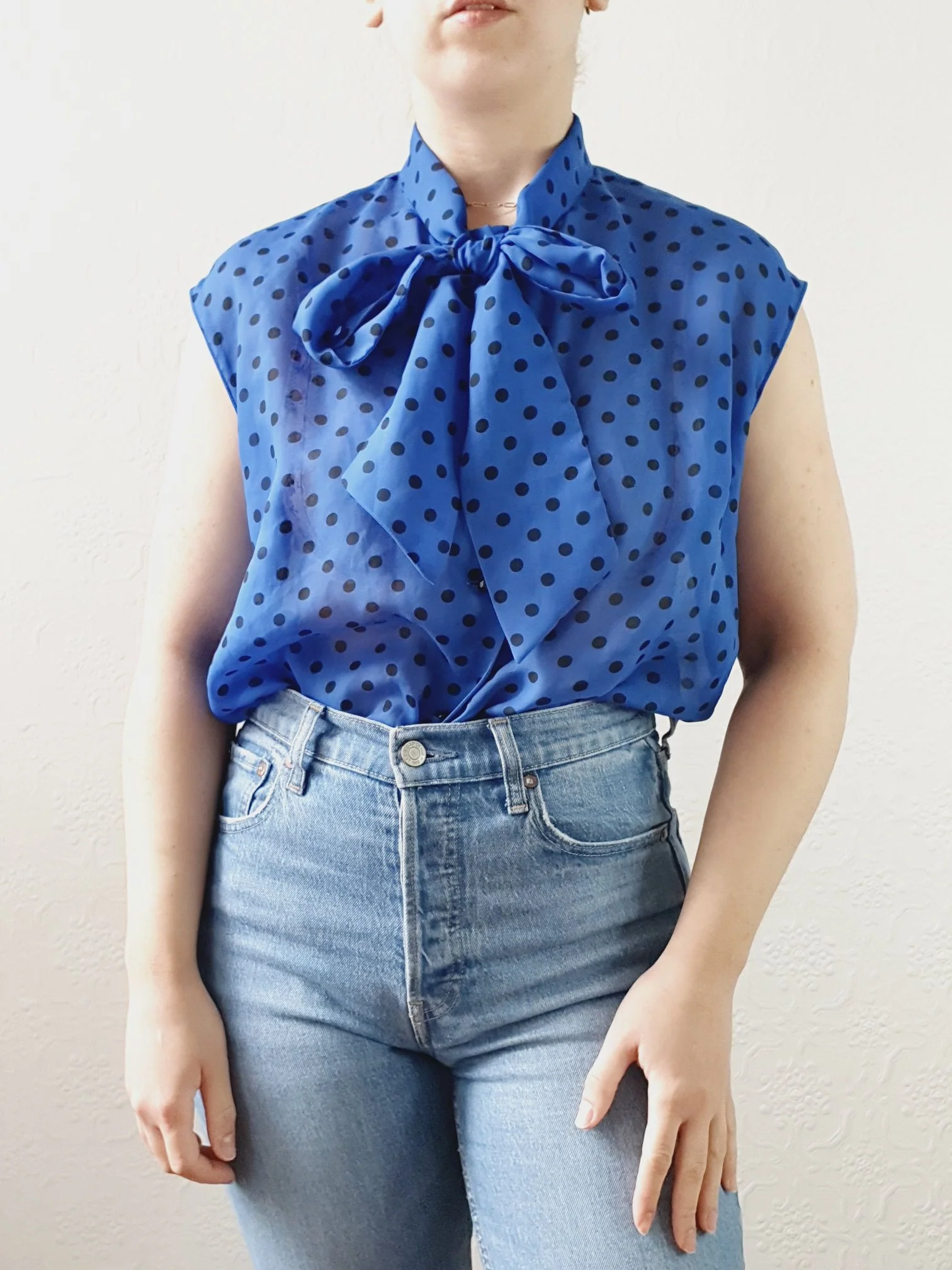 Vintage 80s Electric Blue Polka Dot Blouse with Pussy Bow Neck - S/M - Image 2