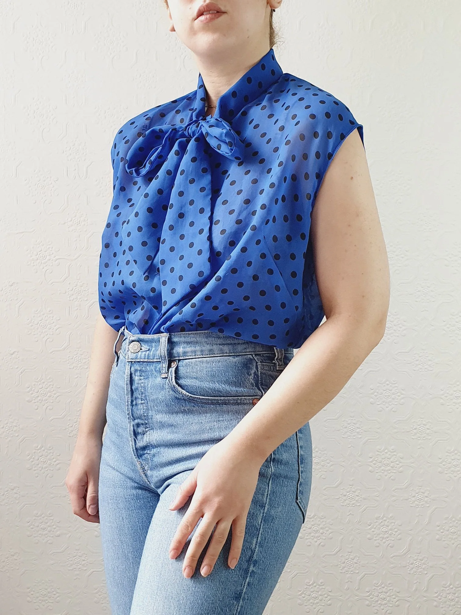 Vintage 80s Electric Blue Polka Dot Blouse with Pussy Bow Neck - S/M - Image 3
