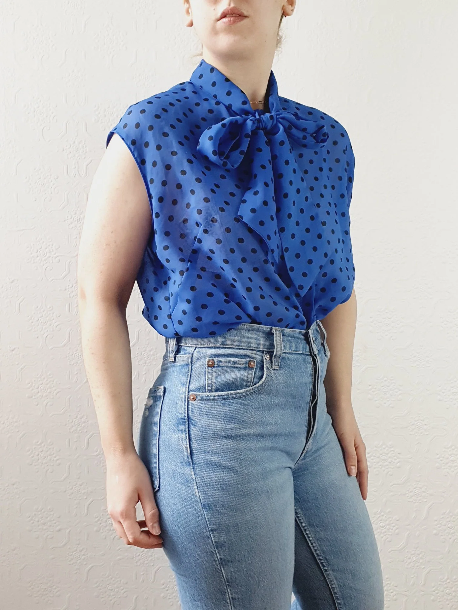 Vintage 80s Electric Blue Polka Dot Blouse with Pussy Bow Neck - S/M - Image 4