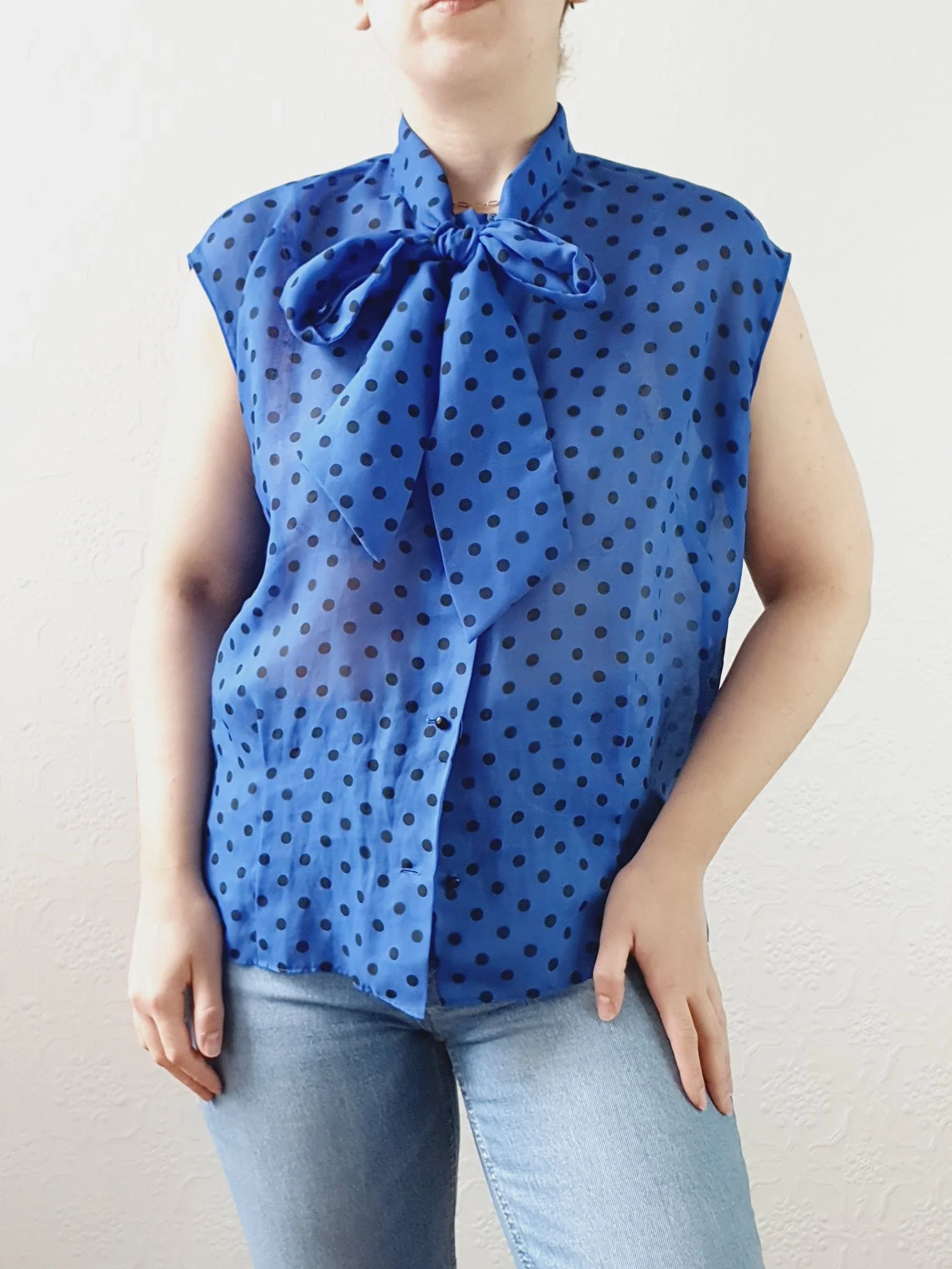 Vintage 80s Electric Blue Polka Dot Blouse with Pussy Bow Neck - S/M - Image 5