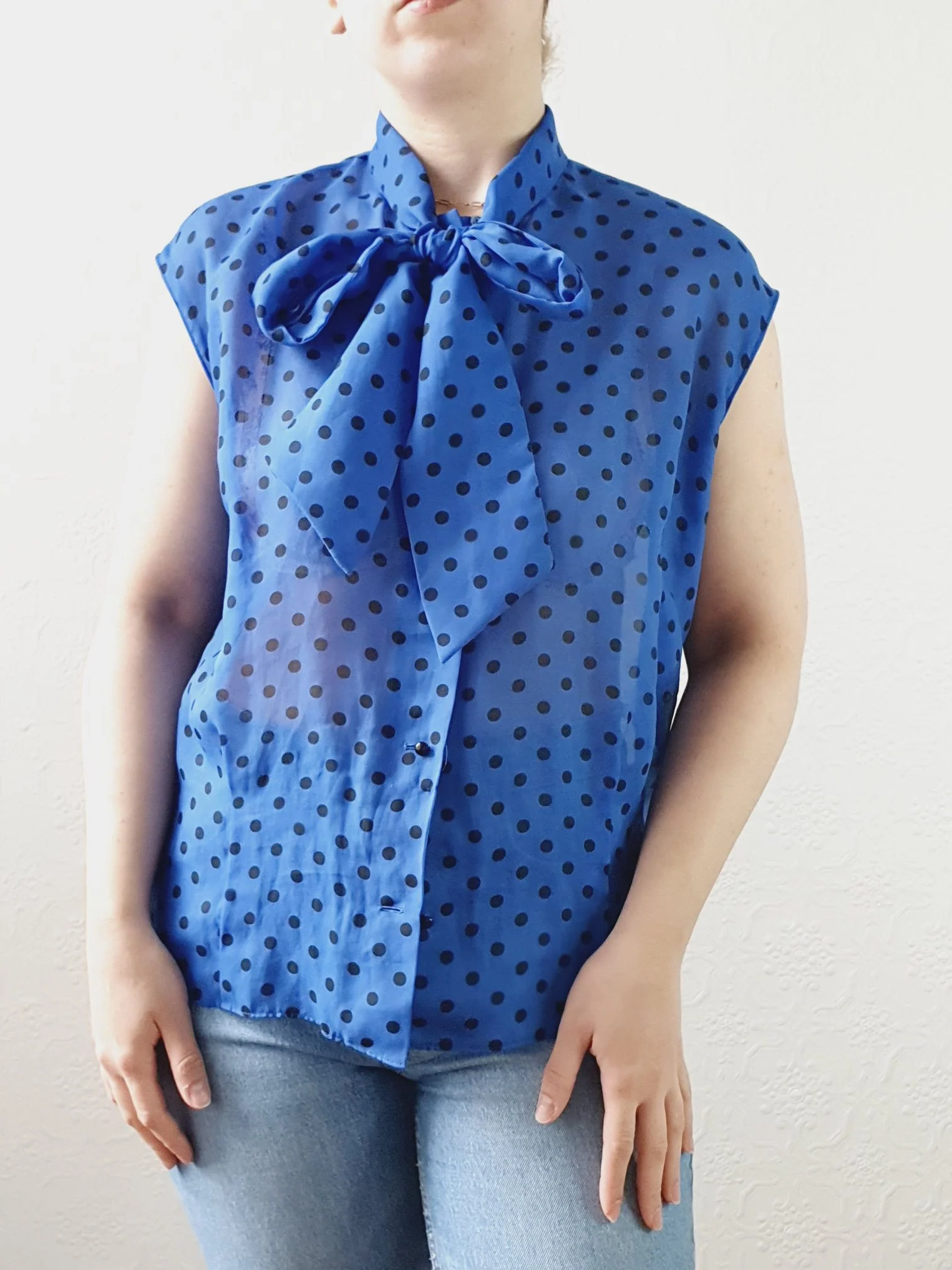 Vintage 80s Electric Blue Polka Dot Blouse with Pussy Bow Neck - S/M - Image 7