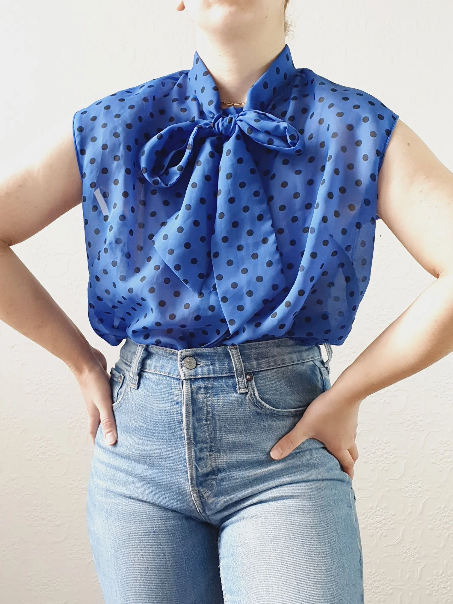 Vintage 80s Electric Blue Polka Dot Blouse with Pussy Bow Neck - S/M - Image 8