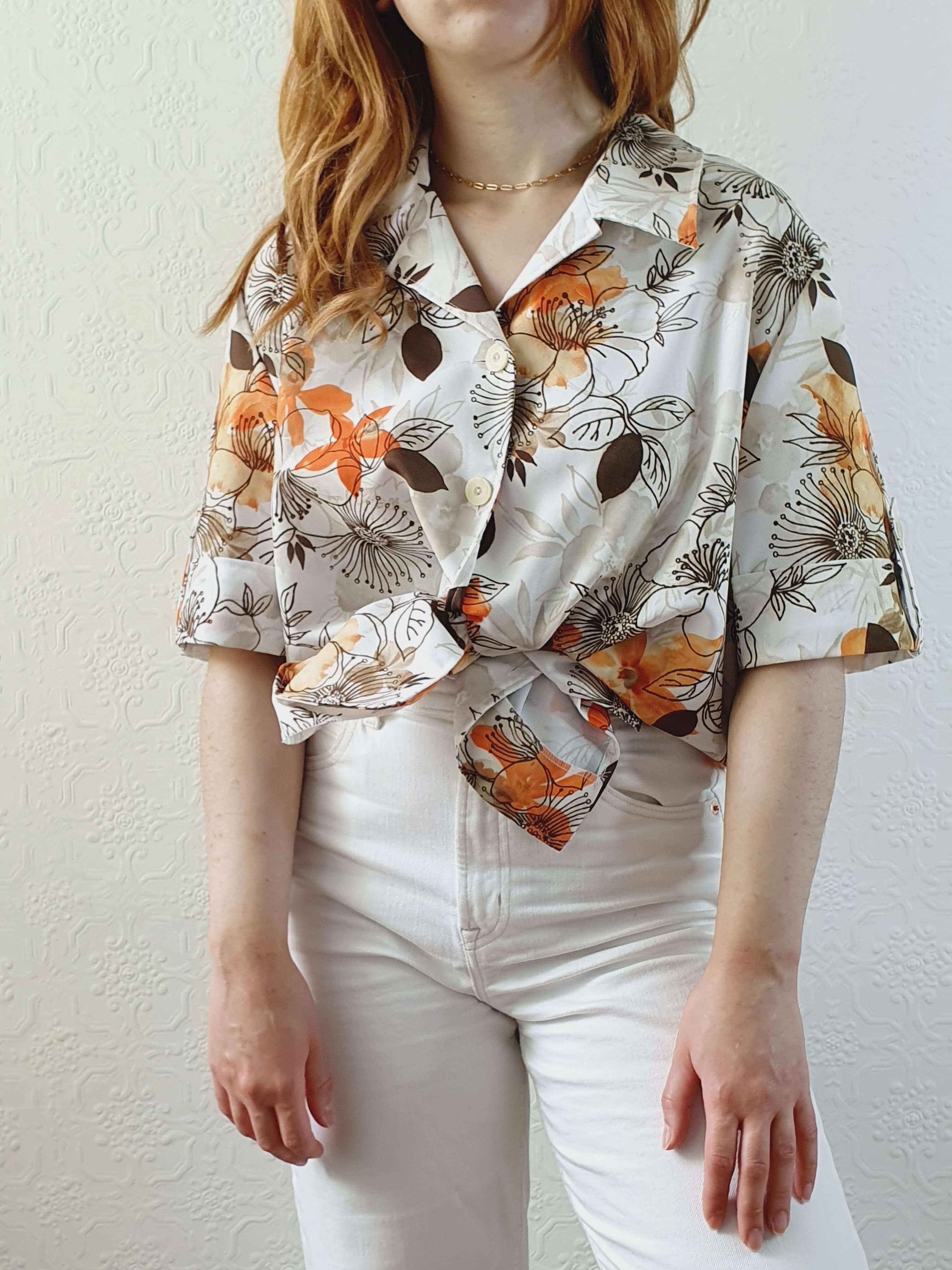 Vintage 80s Floral Short Sleeve Blouse - XL/XXL