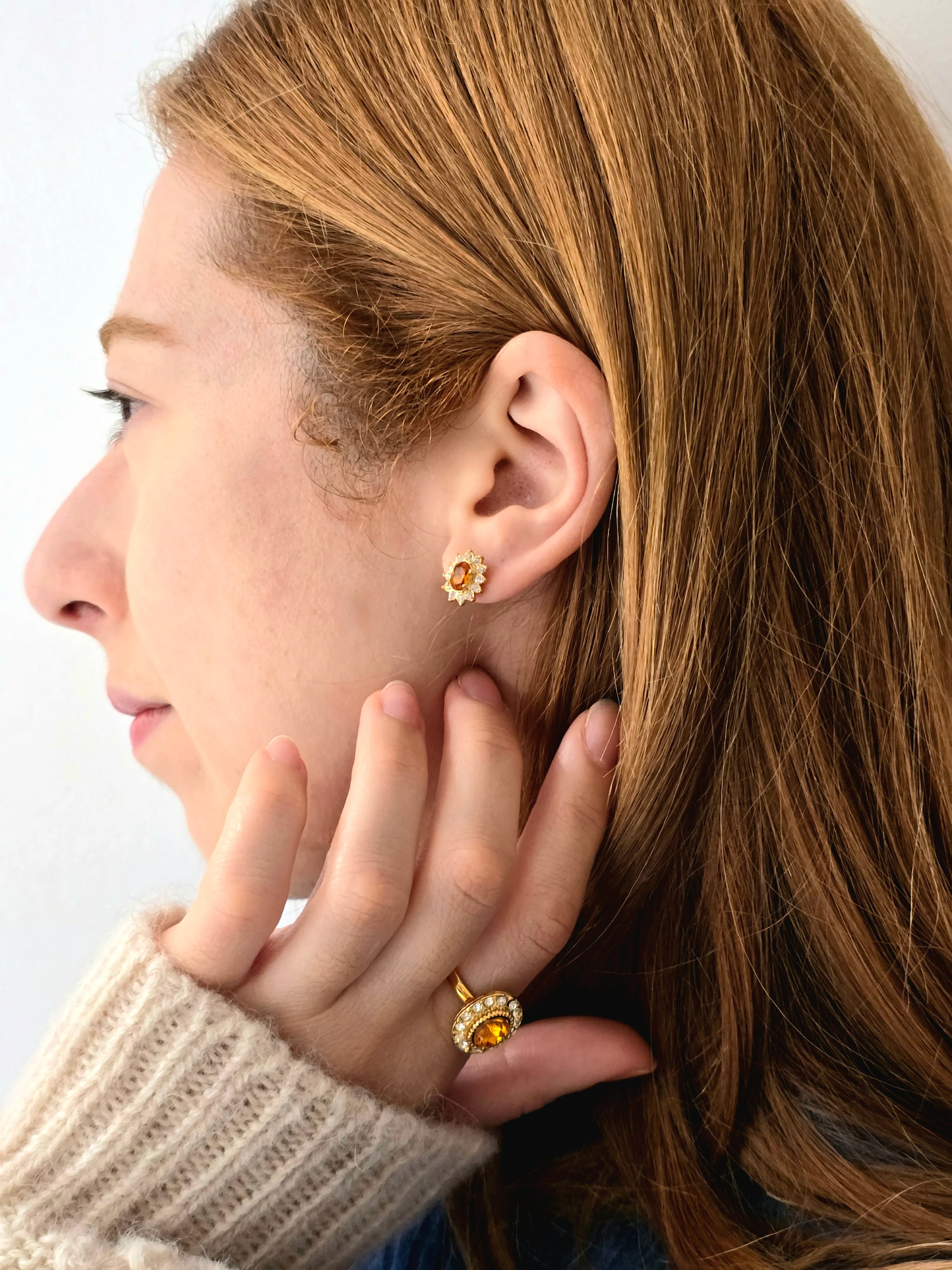 Vintage 80s Gold Plated Amber Crystal Cluster Stud Earrings and Ring Set - Image 3