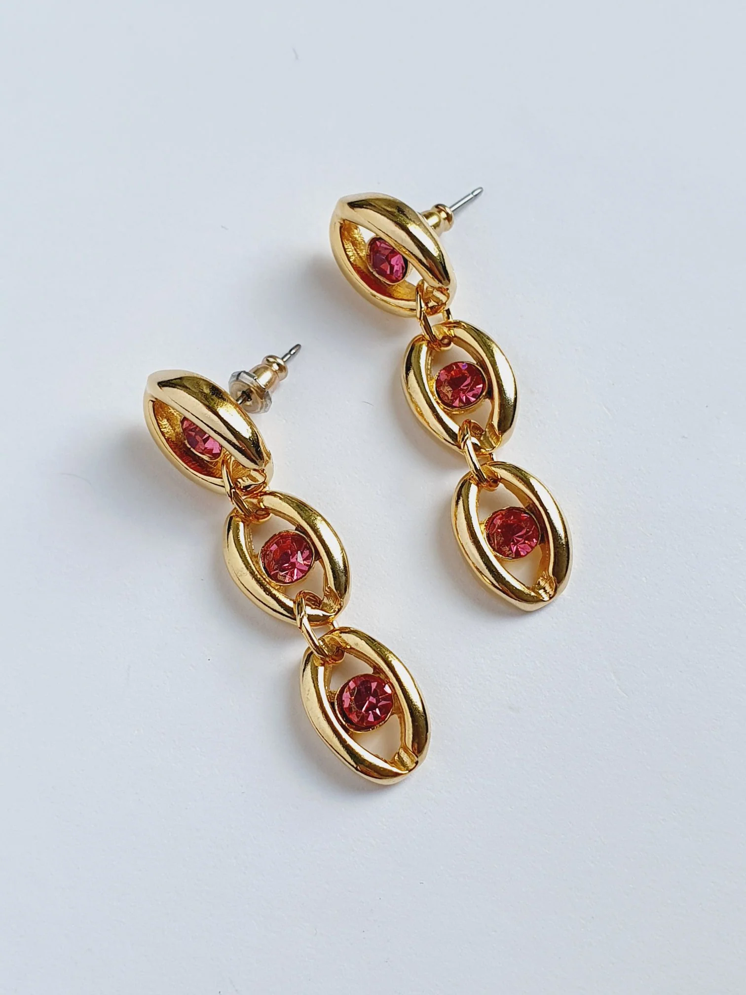 Vintage 80s Gold Plated Drop Earrings with Pink Crystals - Image 2