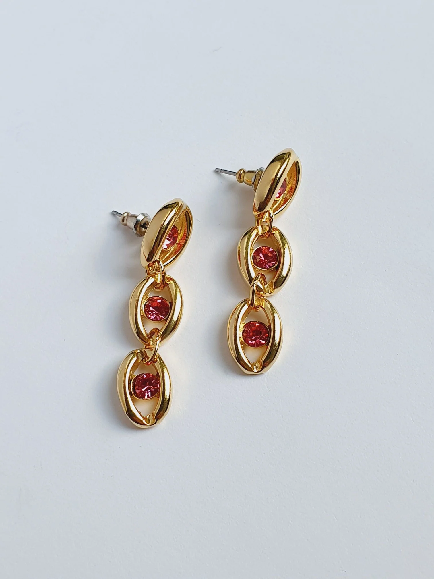 Vintage 80s Gold Plated Drop Earrings with Pink Crystals - Image 3
