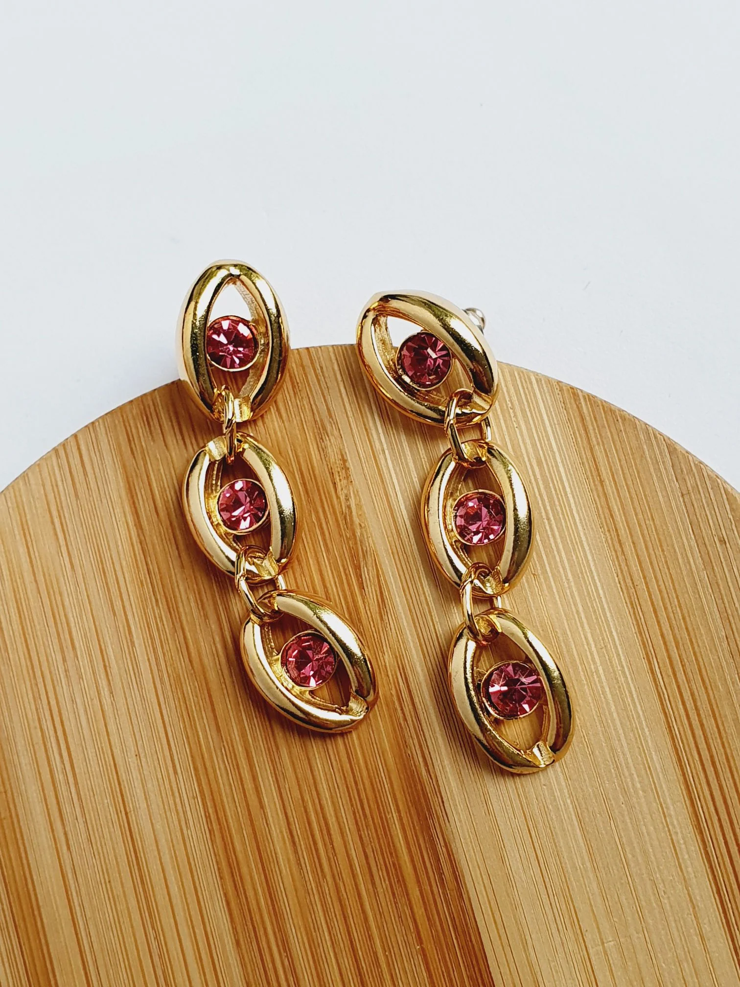 Vintage 80s Gold Plated Drop Earrings with Pink Crystals - Image 6