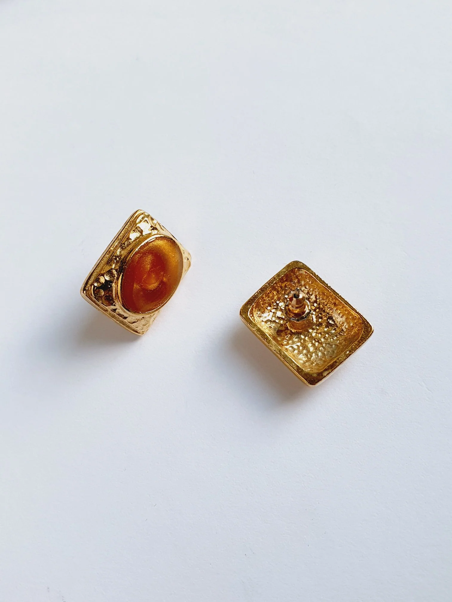Vintage 80s Gold Plated Stud Earrings with Copper Enamel - Image 3