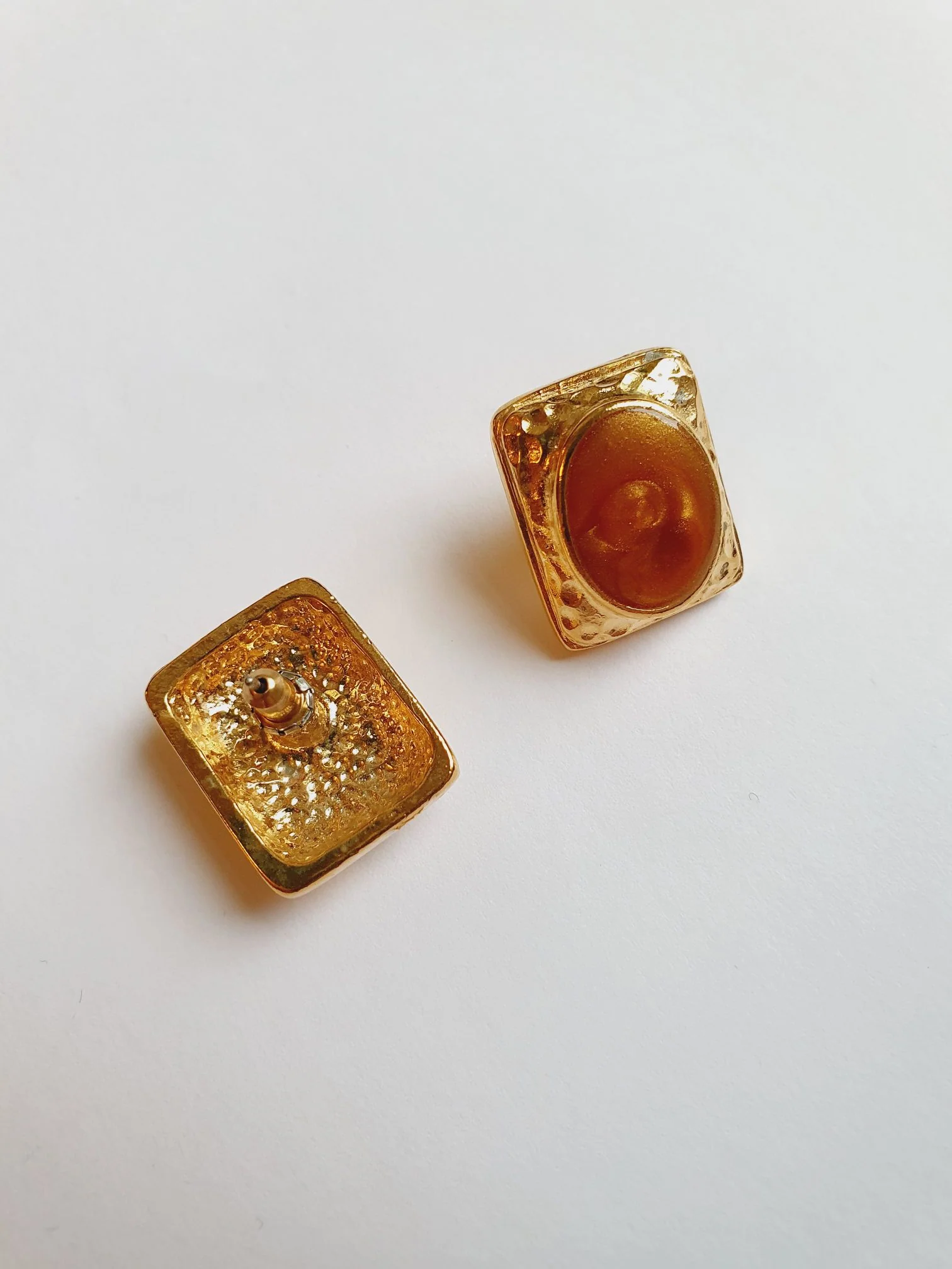 Vintage 80s Gold Plated Stud Earrings with Copper Enamel - Image 5