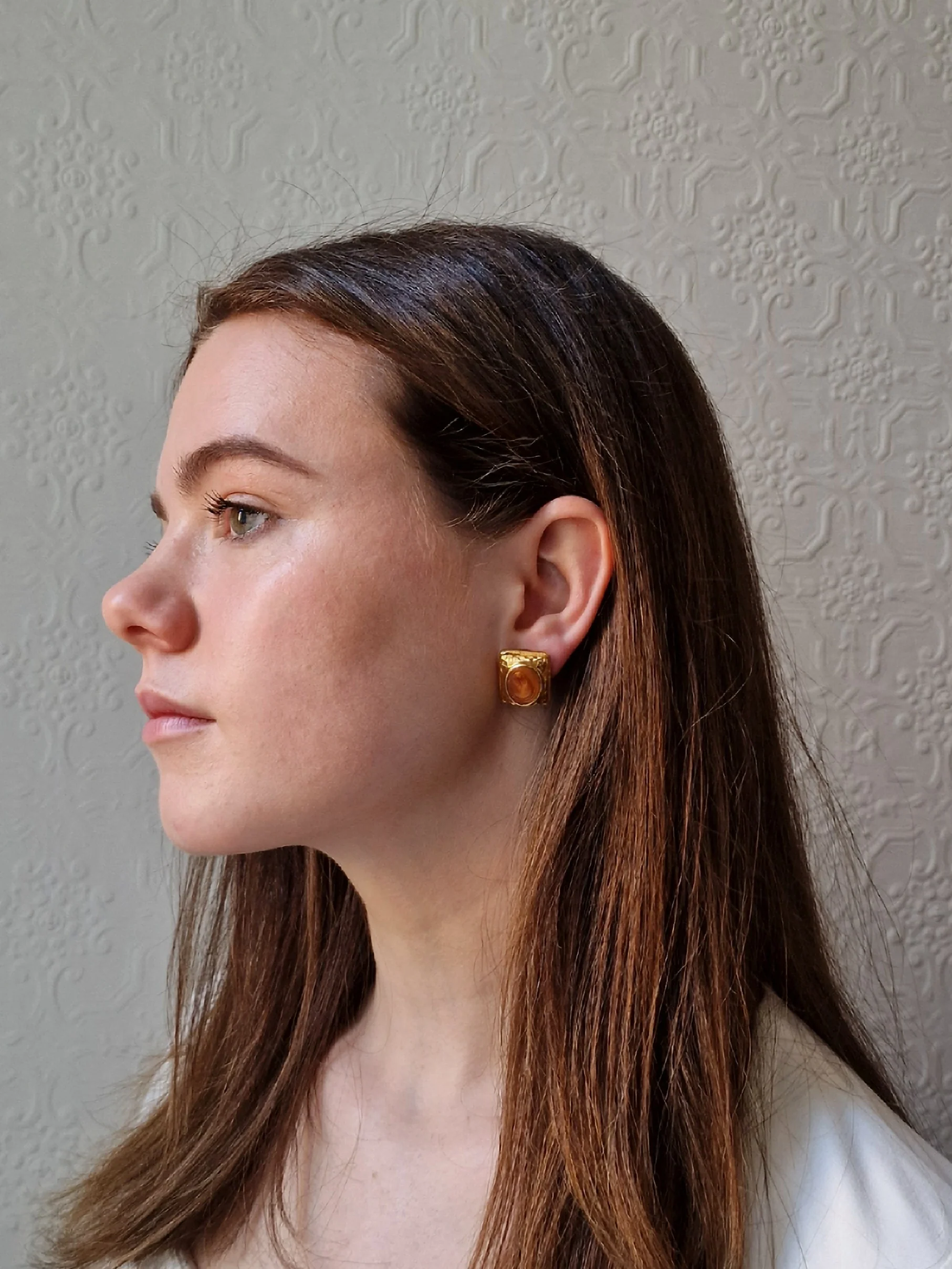 Vintage 80s Gold Plated Stud Earrings with Copper Enamel - Image 6