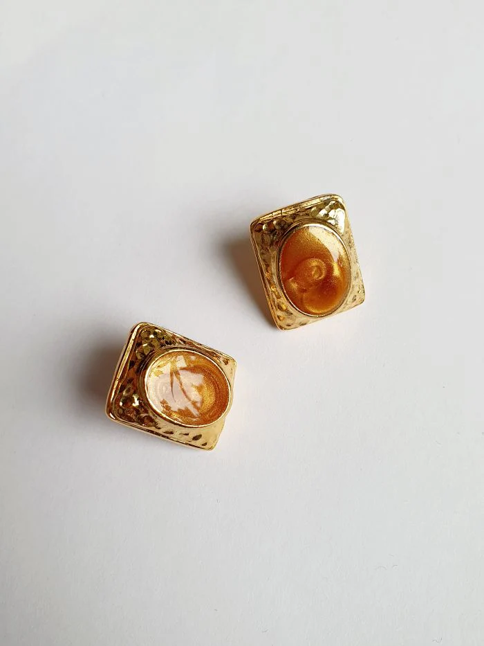 Vintage 80s Gold Plated Stud Earrings with Copper Enamel - Image 7