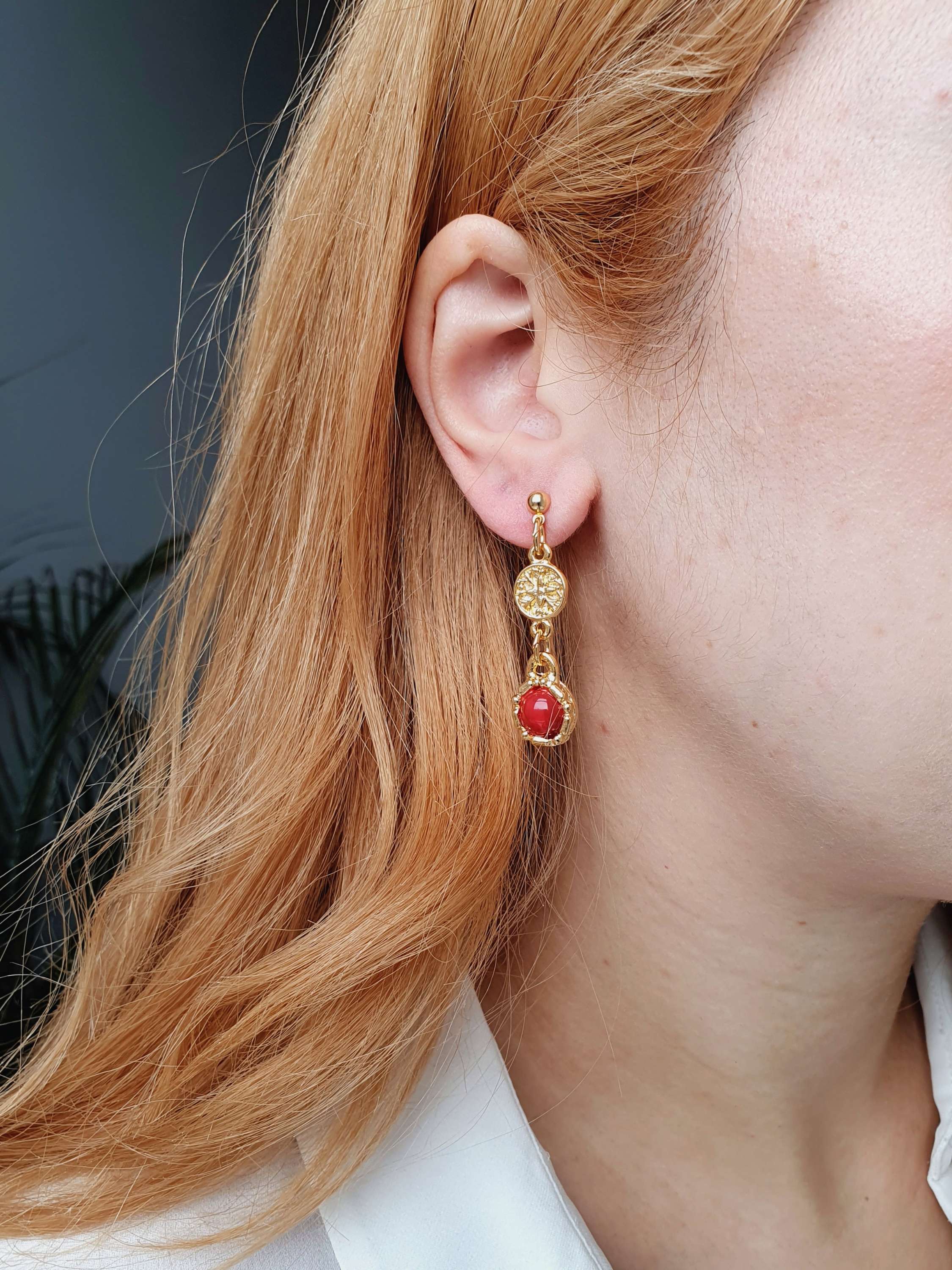 Vintage 80s Gold Plated Textured Drop Earrings with Red Charm - Image 2