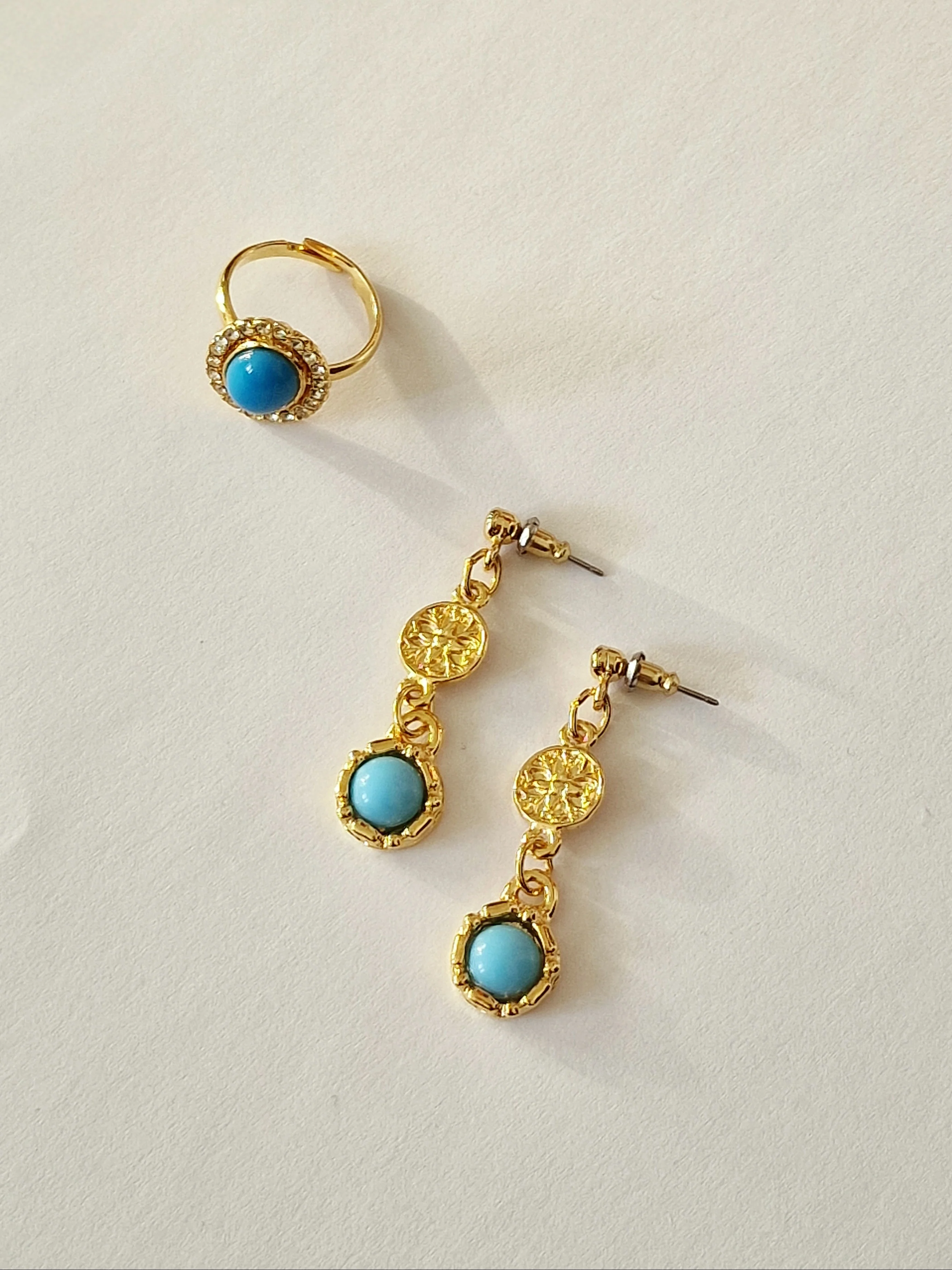 Vintage 80s Gold Plated Turquoise Drop Earring and Cocktail Ring Set