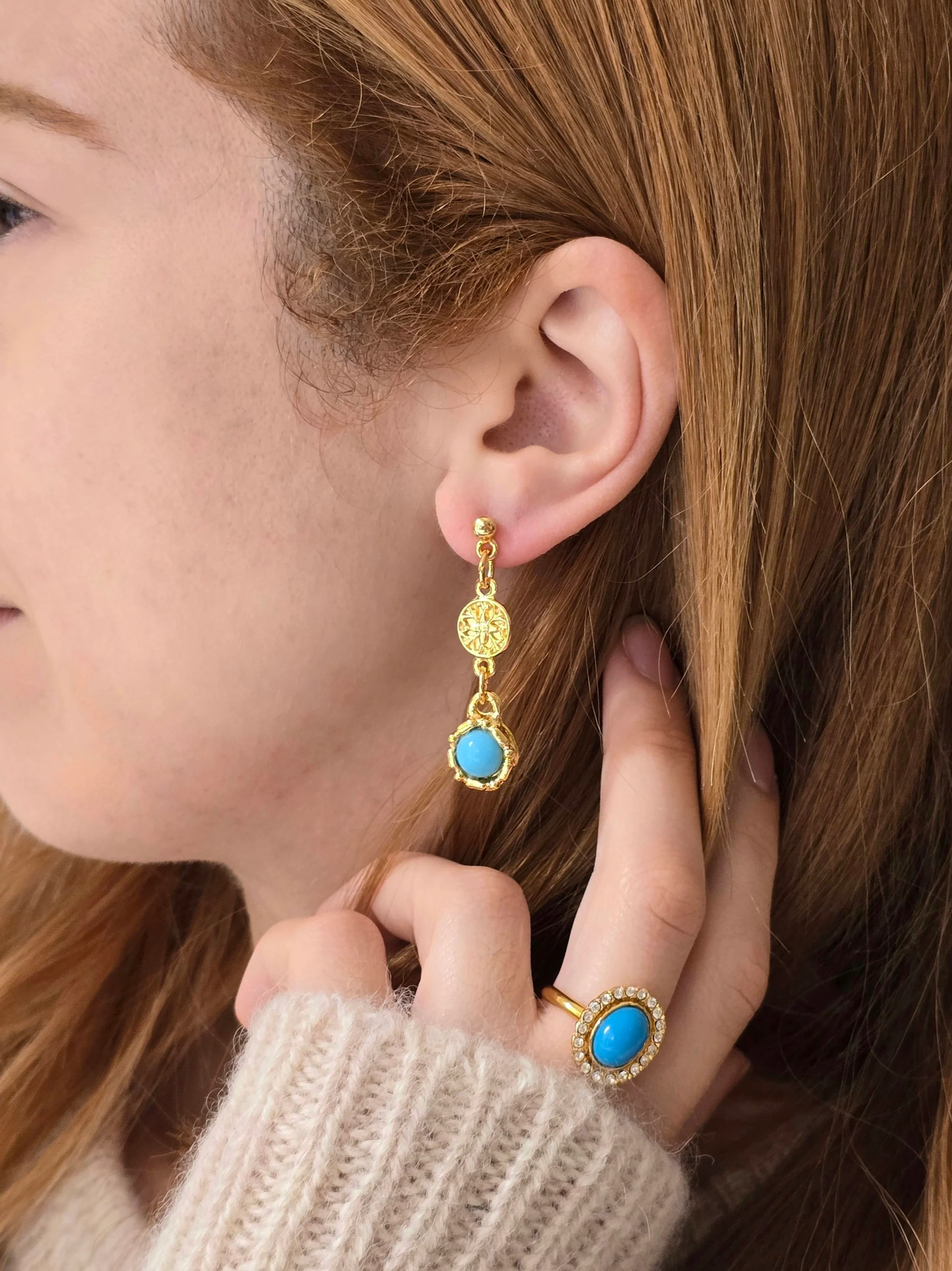 Vintage 80s Gold Plated Turquoise Drop Earring and Cocktail Ring Set - Image 3