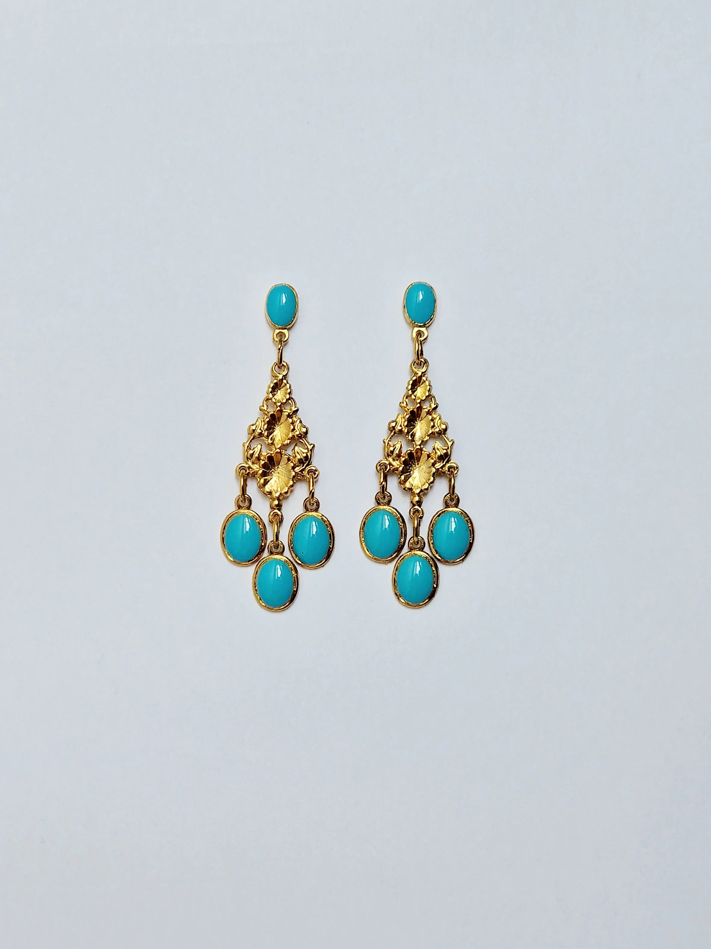 Vintage 80s Gold Plated Turquoise Enamel Boho Drop Earrings - Image 2