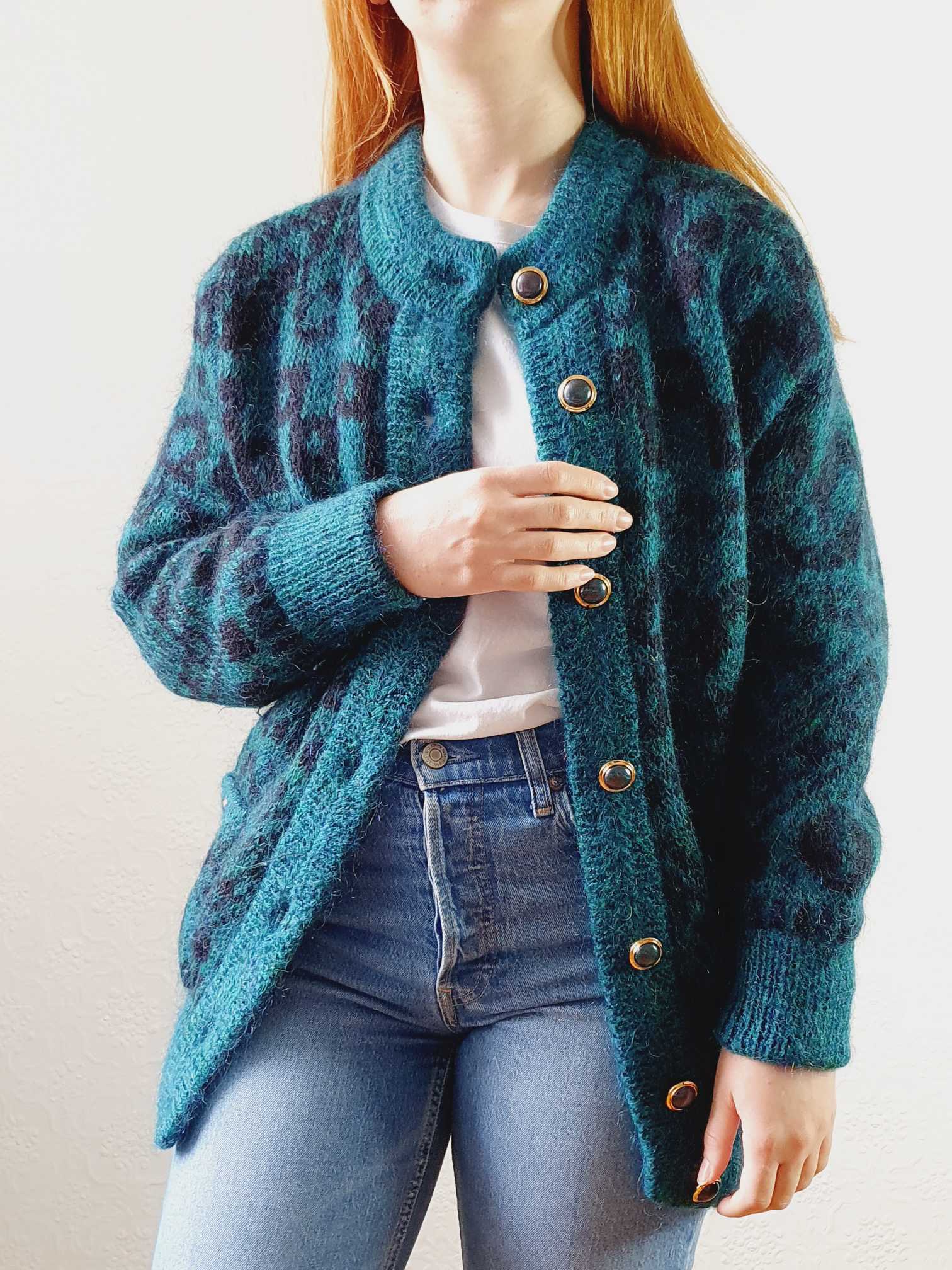 Vintage 80s Green Abstract Pattern Wool Cardigan - S/M