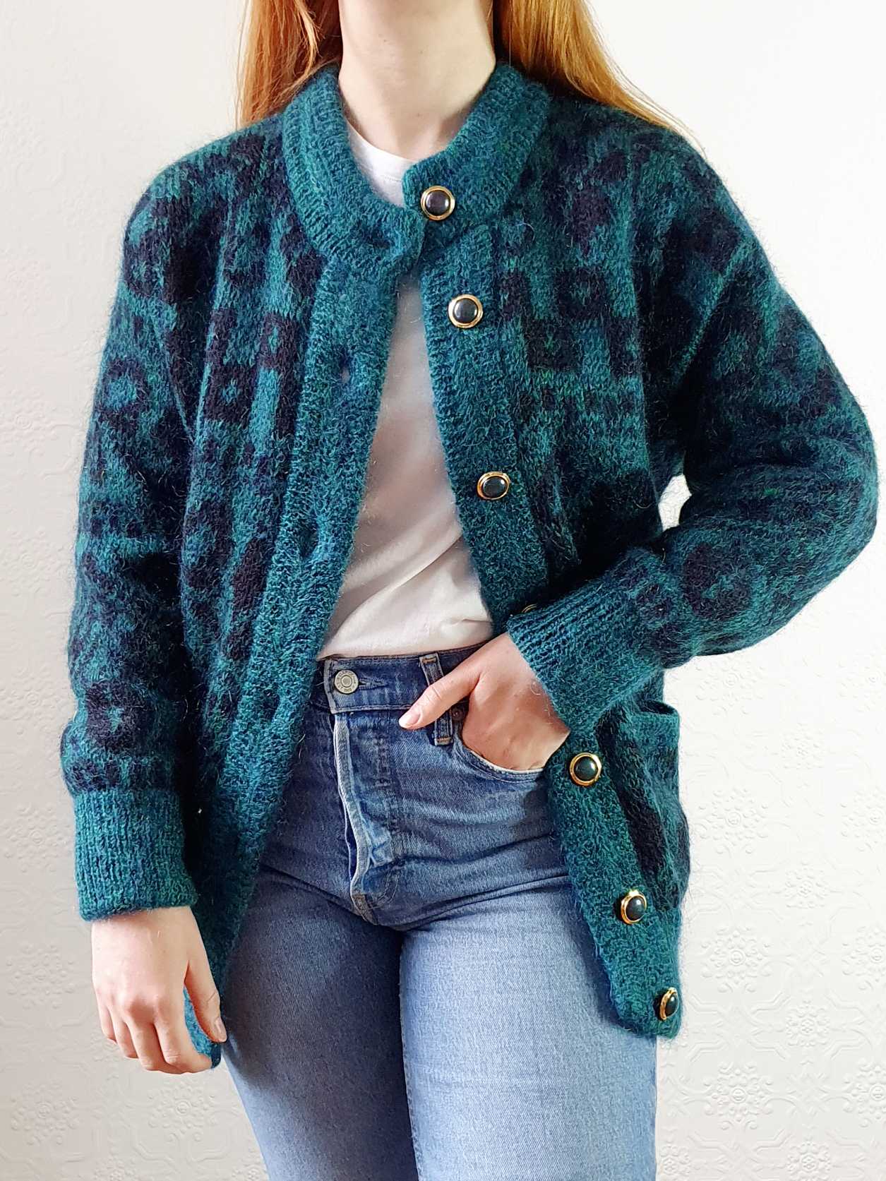 Vintage 80s Green Abstract Pattern Wool Cardigan - S/M - Image 10