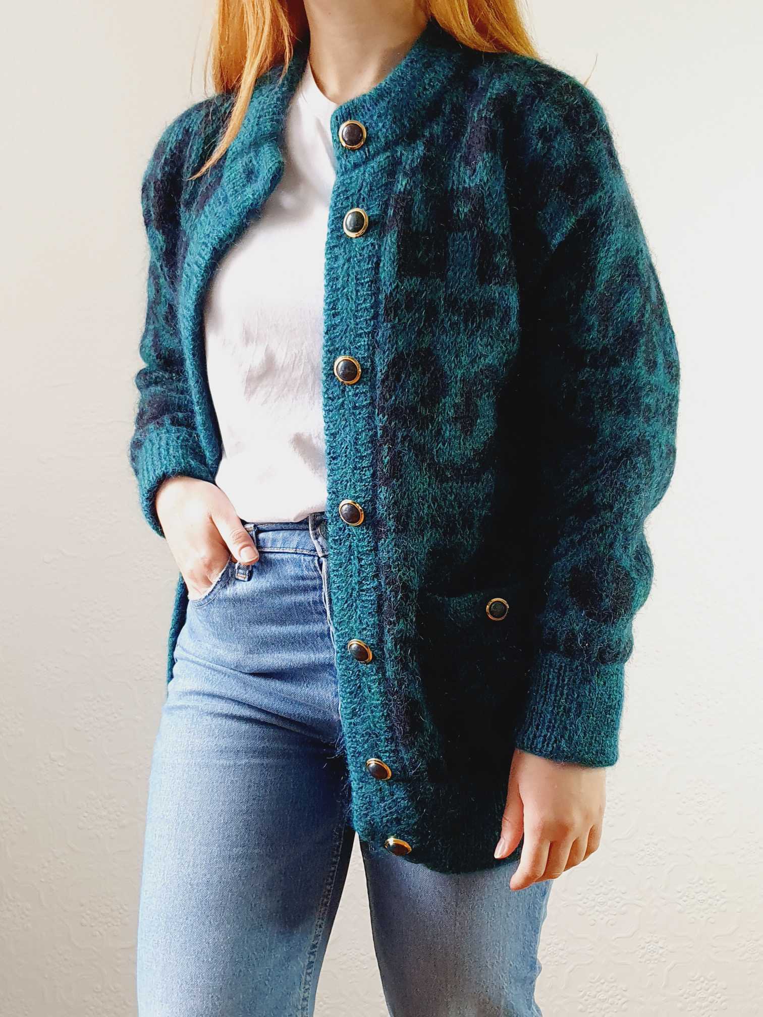 Vintage 80s Green Abstract Pattern Wool Cardigan - S/M - Image 2