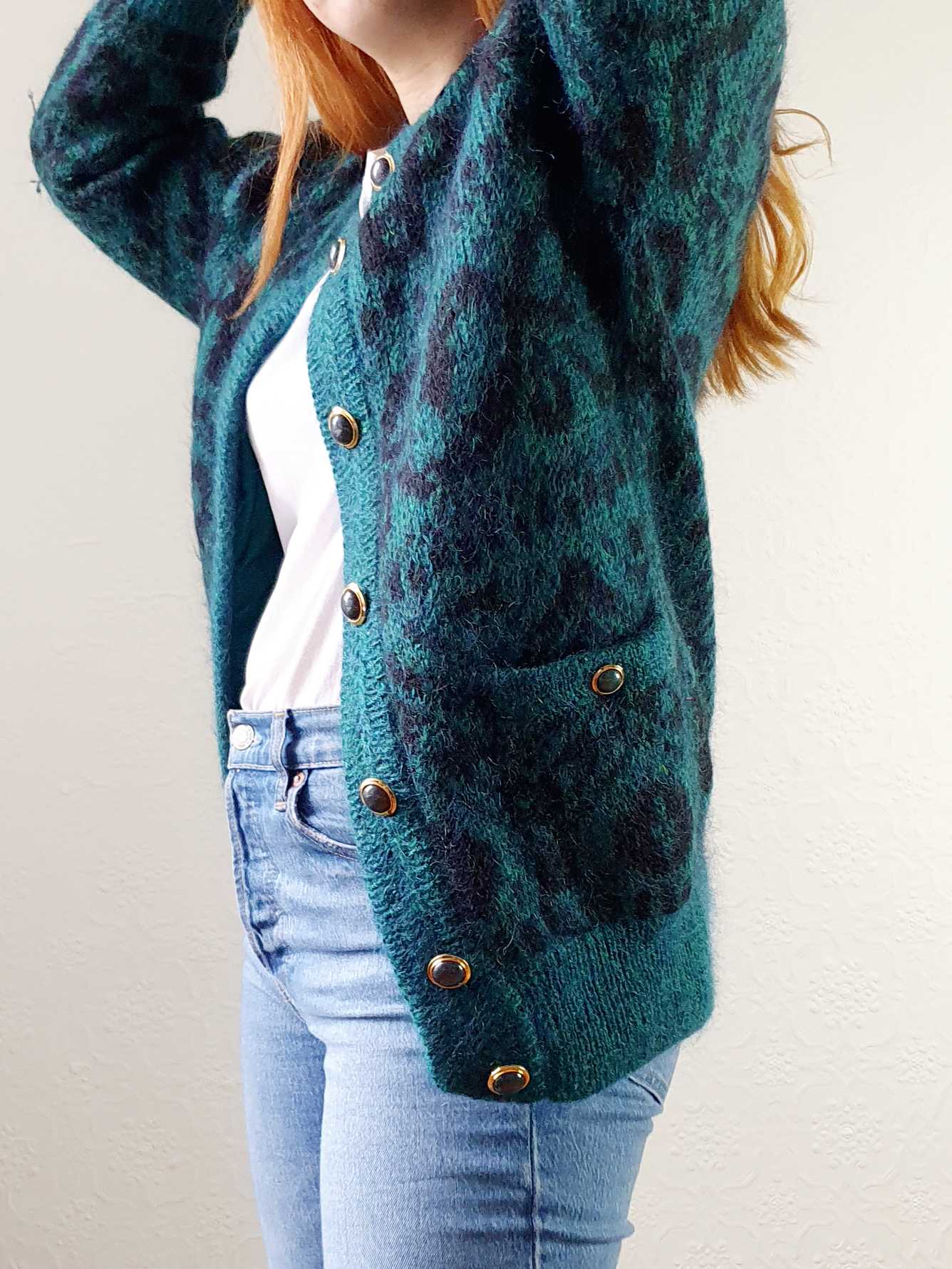Vintage 80s Green Abstract Pattern Wool Cardigan - S/M - Image 3
