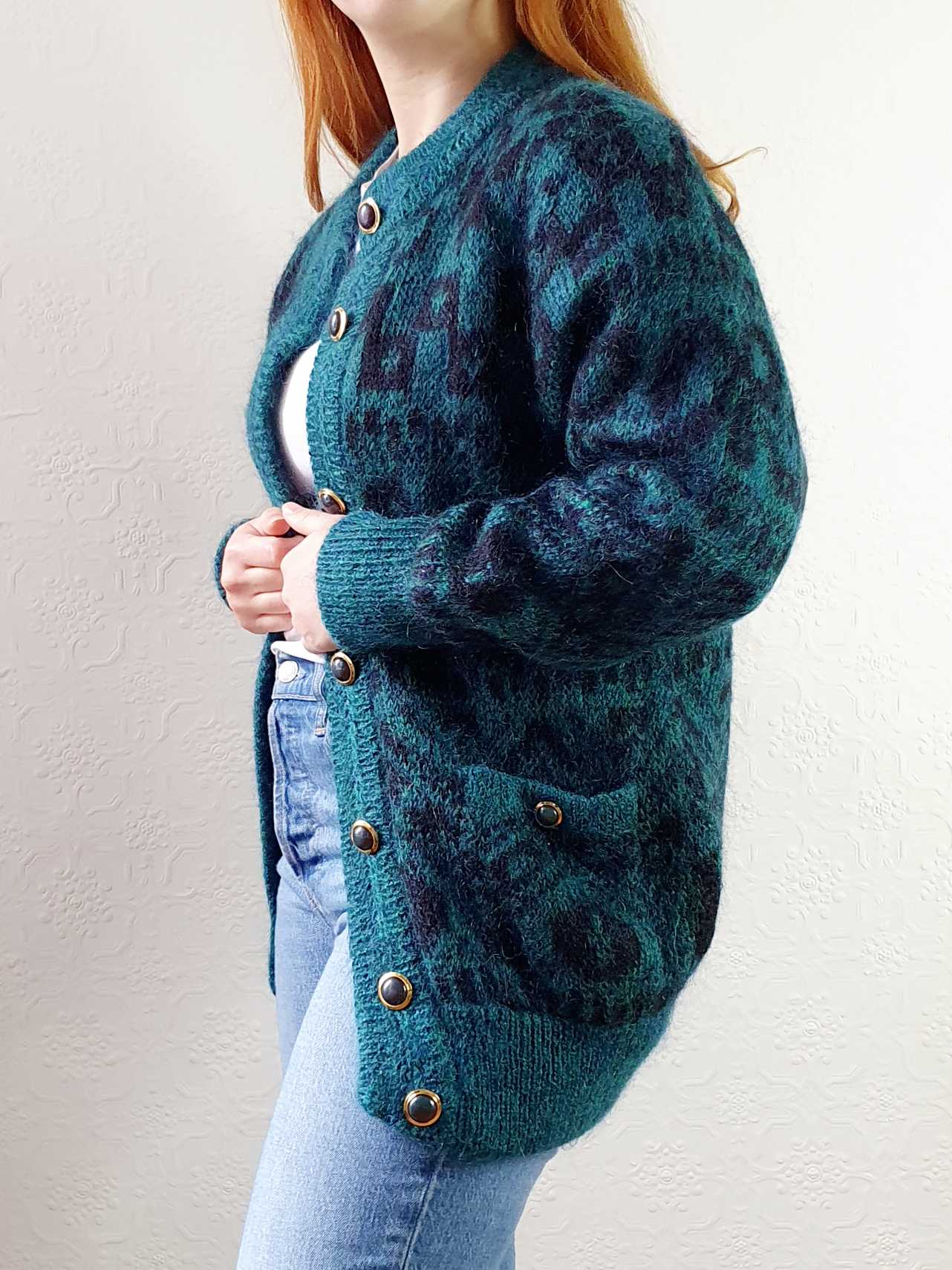 Vintage 80s Green Abstract Pattern Wool Cardigan - S/M - Image 4