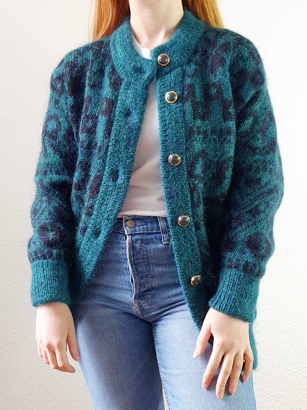 Vintage 80s Green Abstract Pattern Wool Cardigan - S/M - Image 7