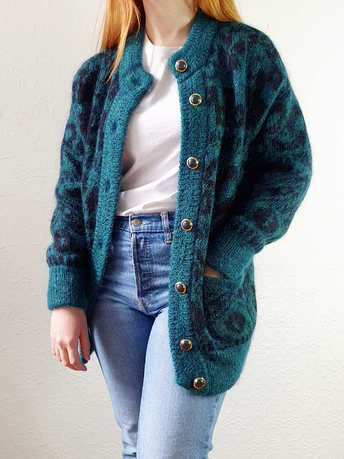 Vintage 80s Green Abstract Pattern Wool Cardigan - S/M - Image 8