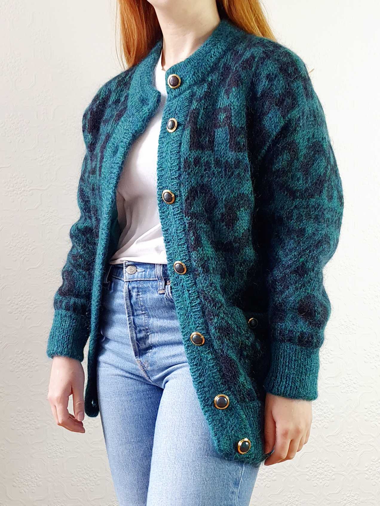 Vintage 80s Green Abstract Pattern Wool Cardigan - S/M - Image 9