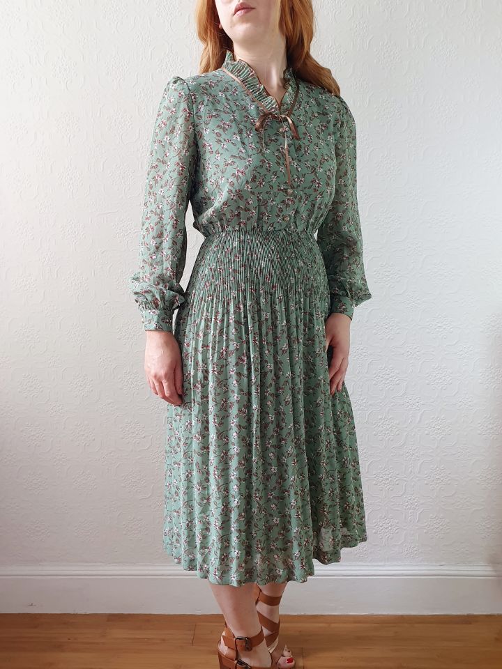 Vintage 80s Green Floral Midi Dress with Long Puff Sleeves - XS - Image 11
