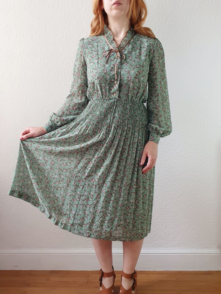 Vintage 80s Green Floral Midi Dress with Long Puff Sleeves - XS - Image 12