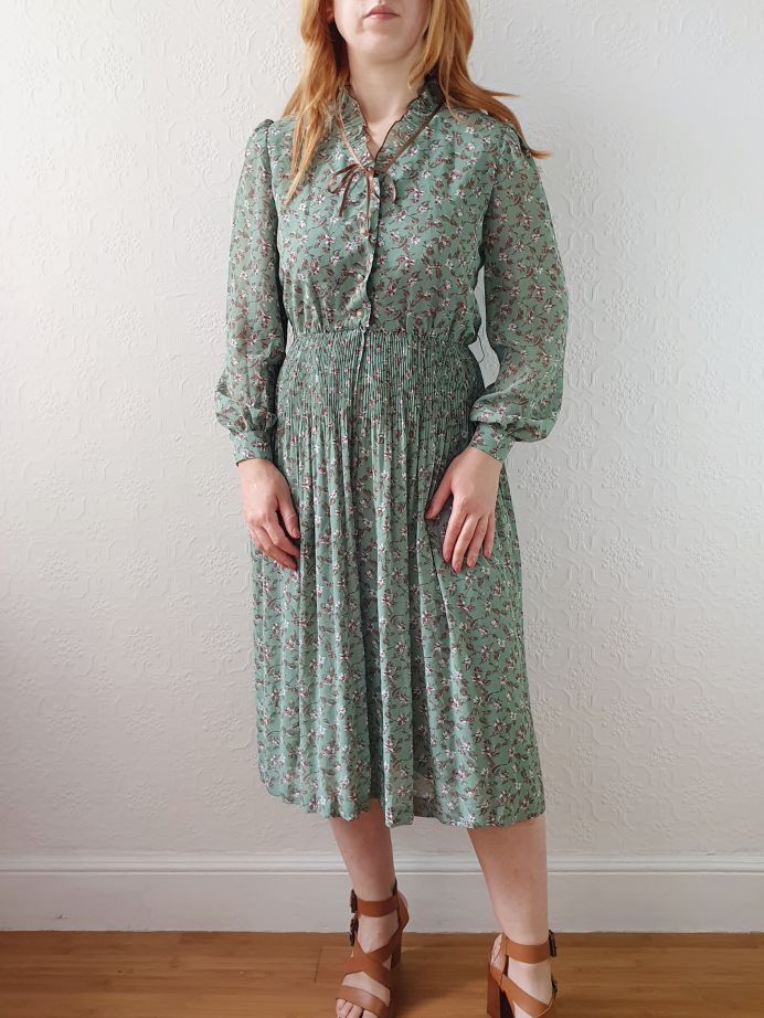Vintage 80s Green Floral Midi Dress with Long Puff Sleeves - XS - Image 2