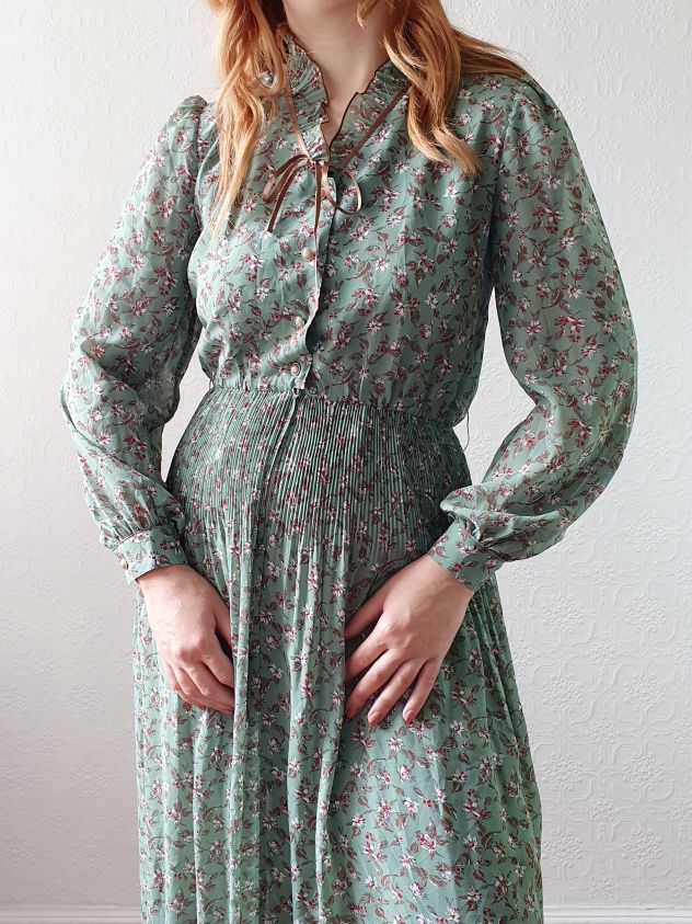 Vintage 80s Green Floral Midi Dress with Long Puff Sleeves - XS - Image 6