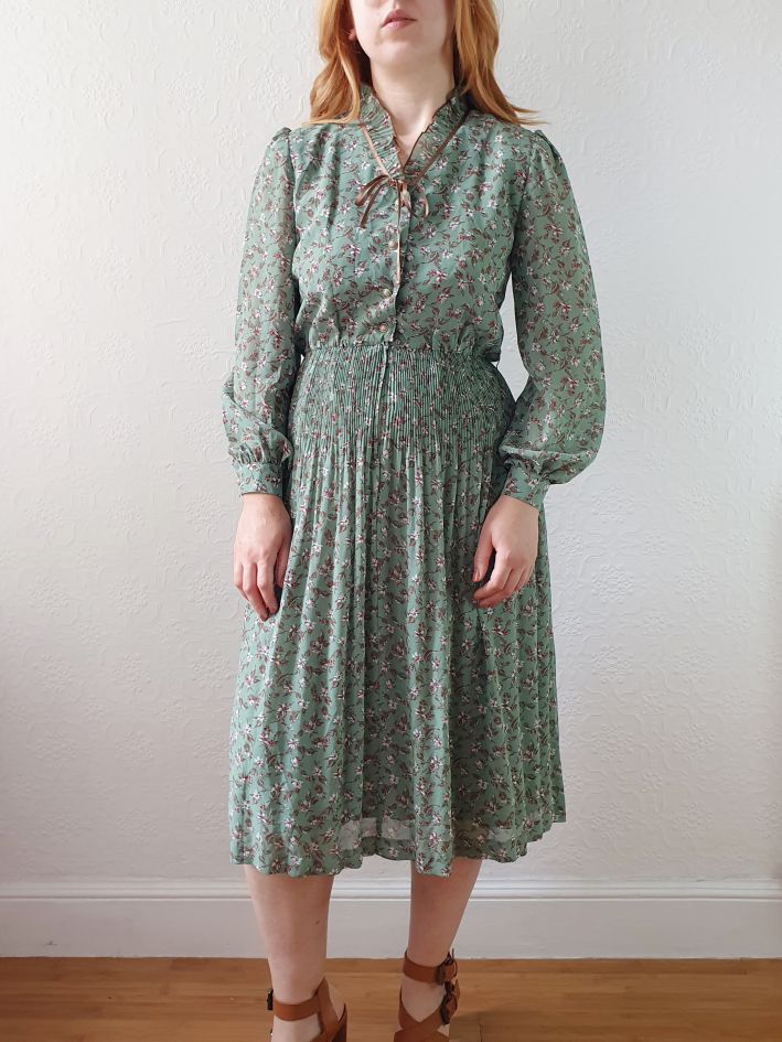 Vintage 80s Green Floral Midi Dress with Long Puff Sleeves - XS - Image 8