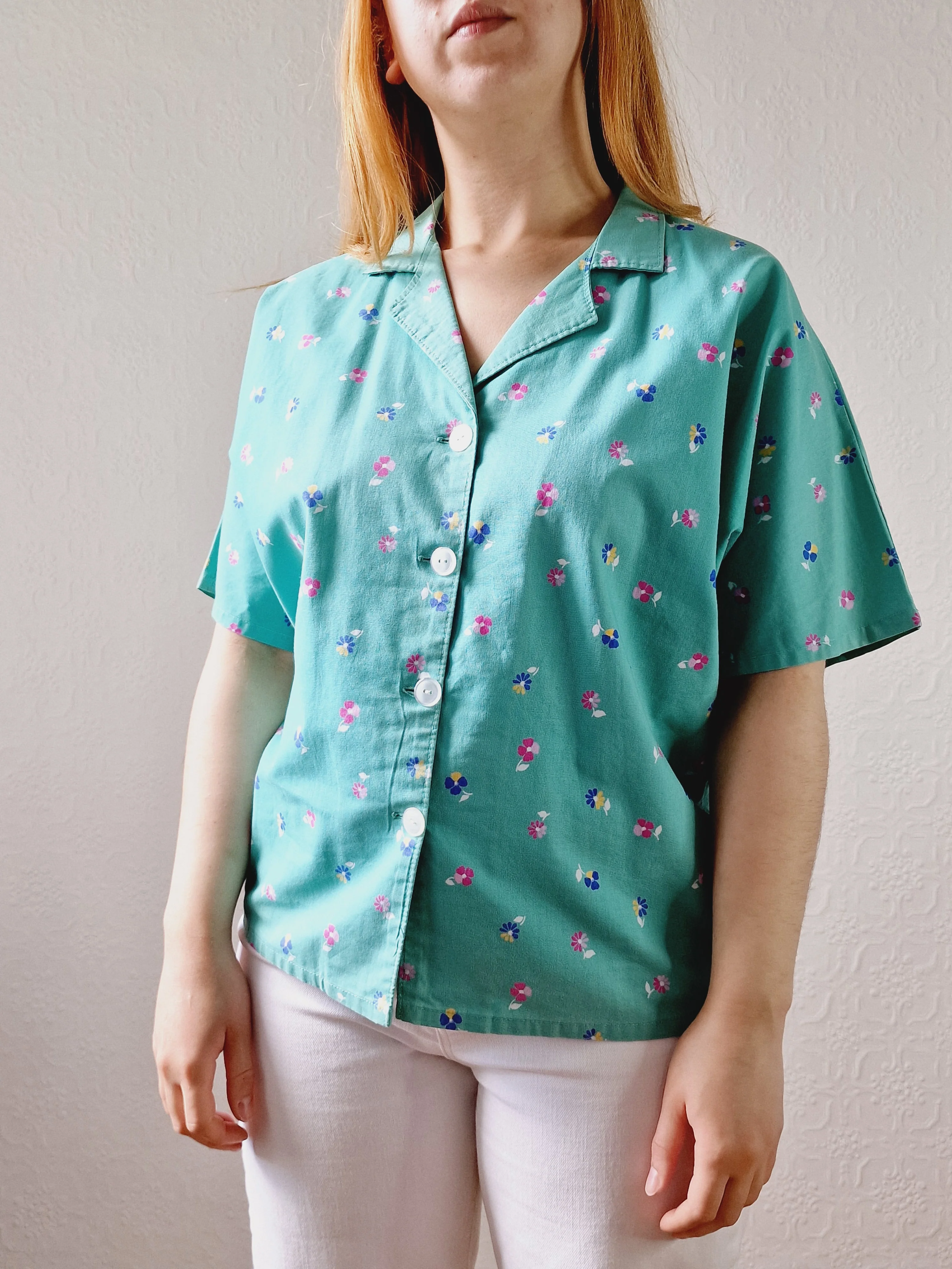 Vintage 80s Green Floral Print Short Sleeve Blouse - L/XL