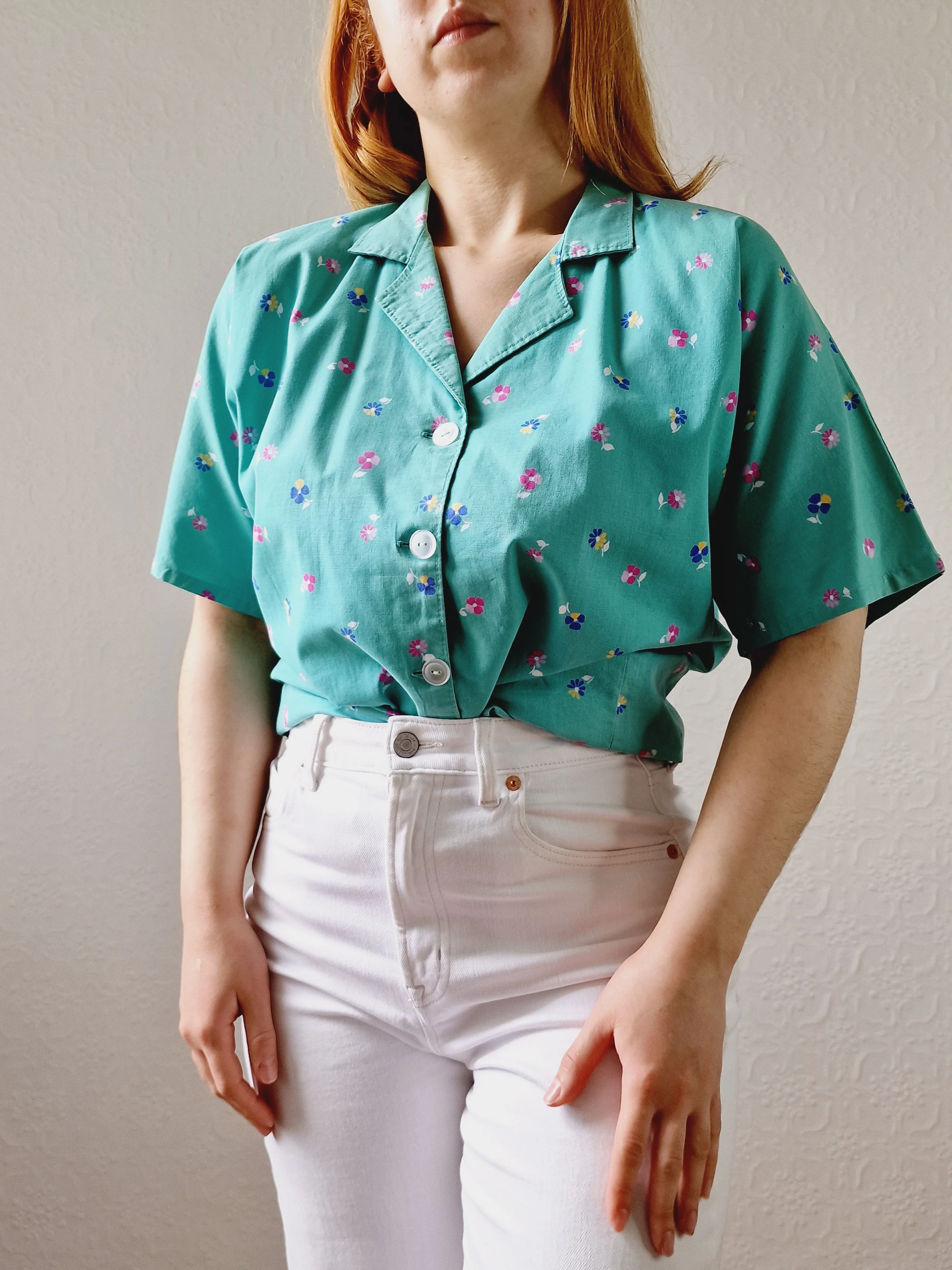 Vintage 80s Green Floral Print Short Sleeve Blouse - L/XL - Image 2