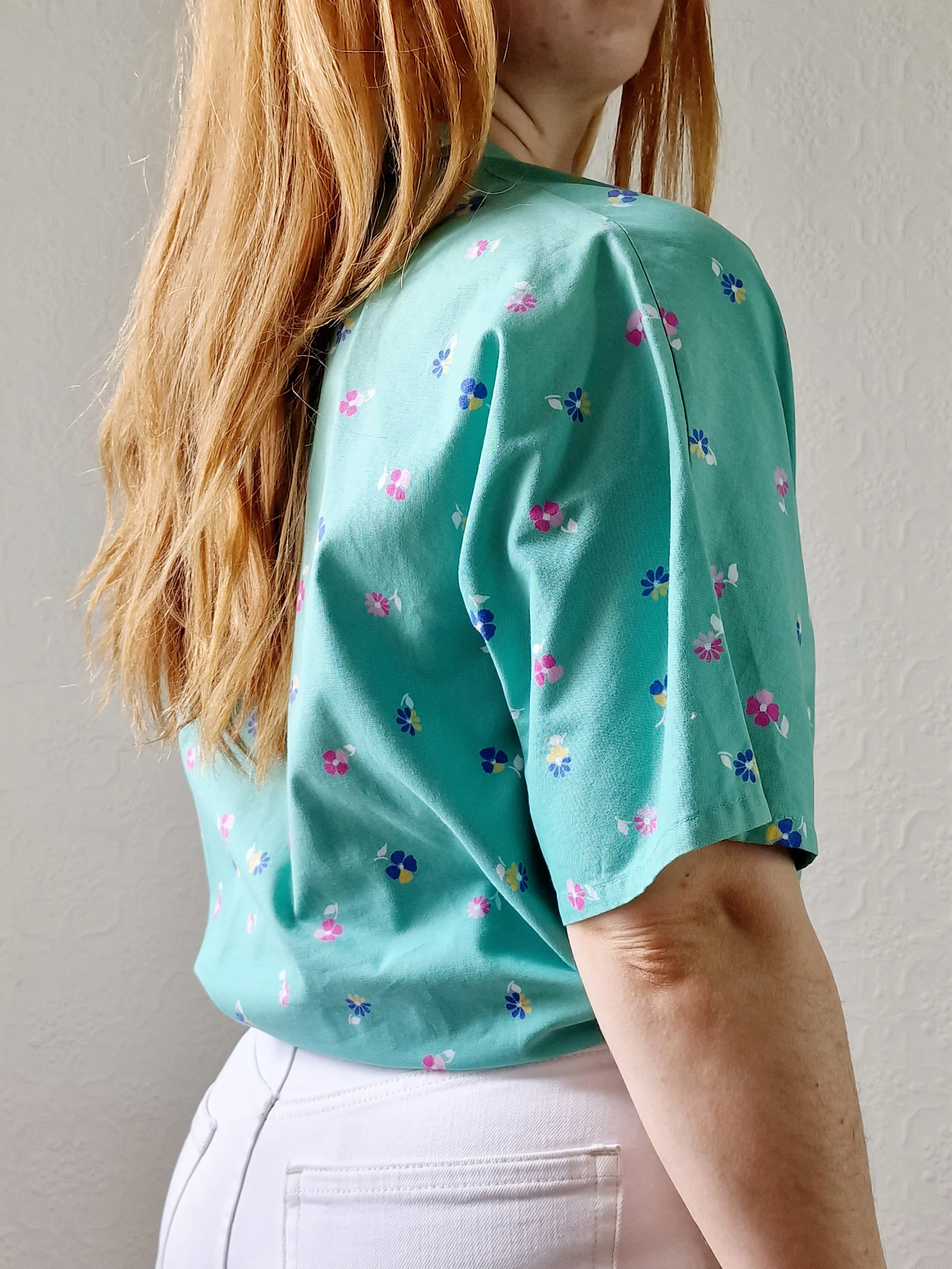 Vintage 80s Green Floral Print Short Sleeve Blouse - L/XL - Image 3