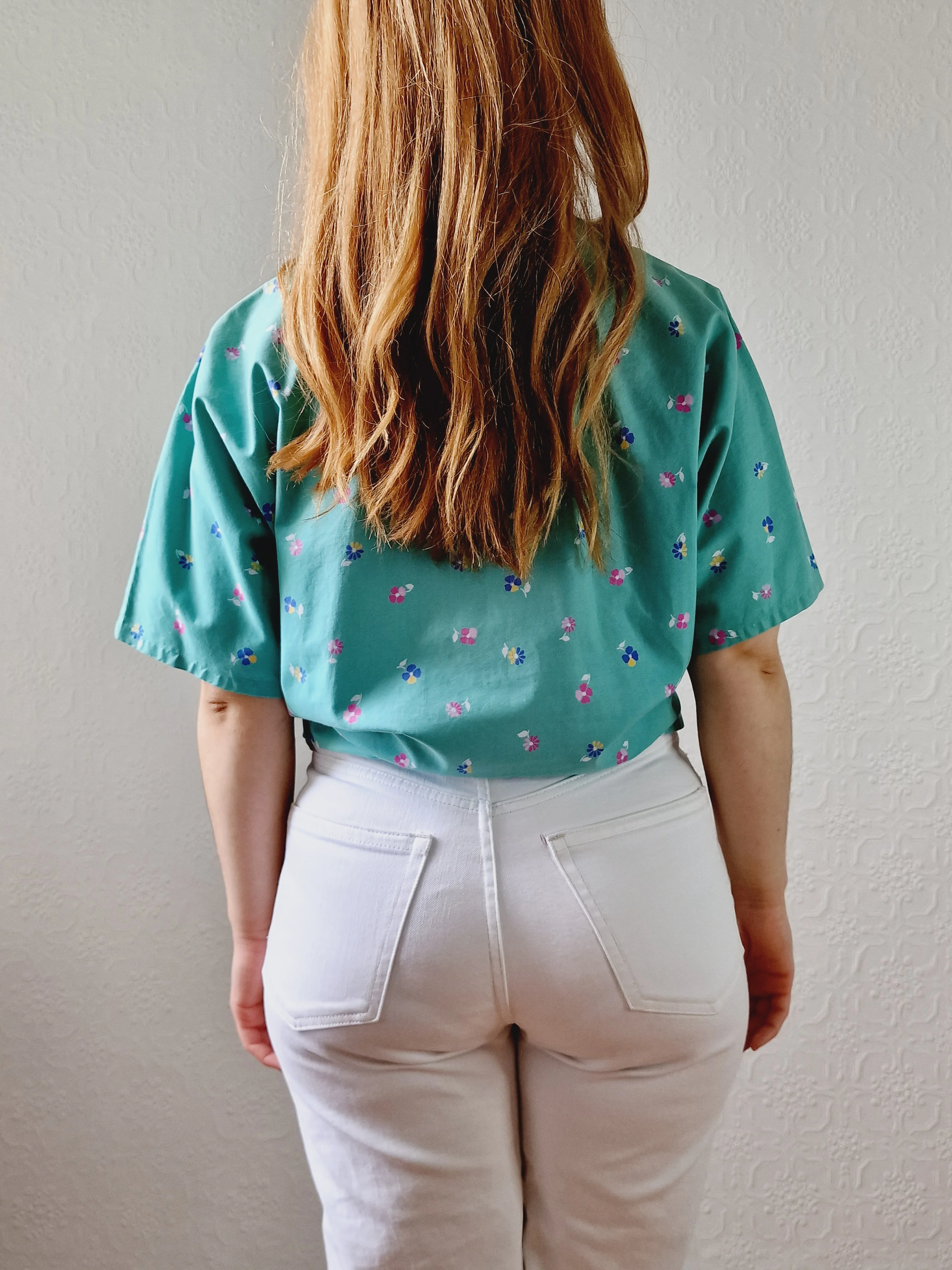 Vintage 80s Green Floral Print Short Sleeve Blouse - L/XL - Image 4