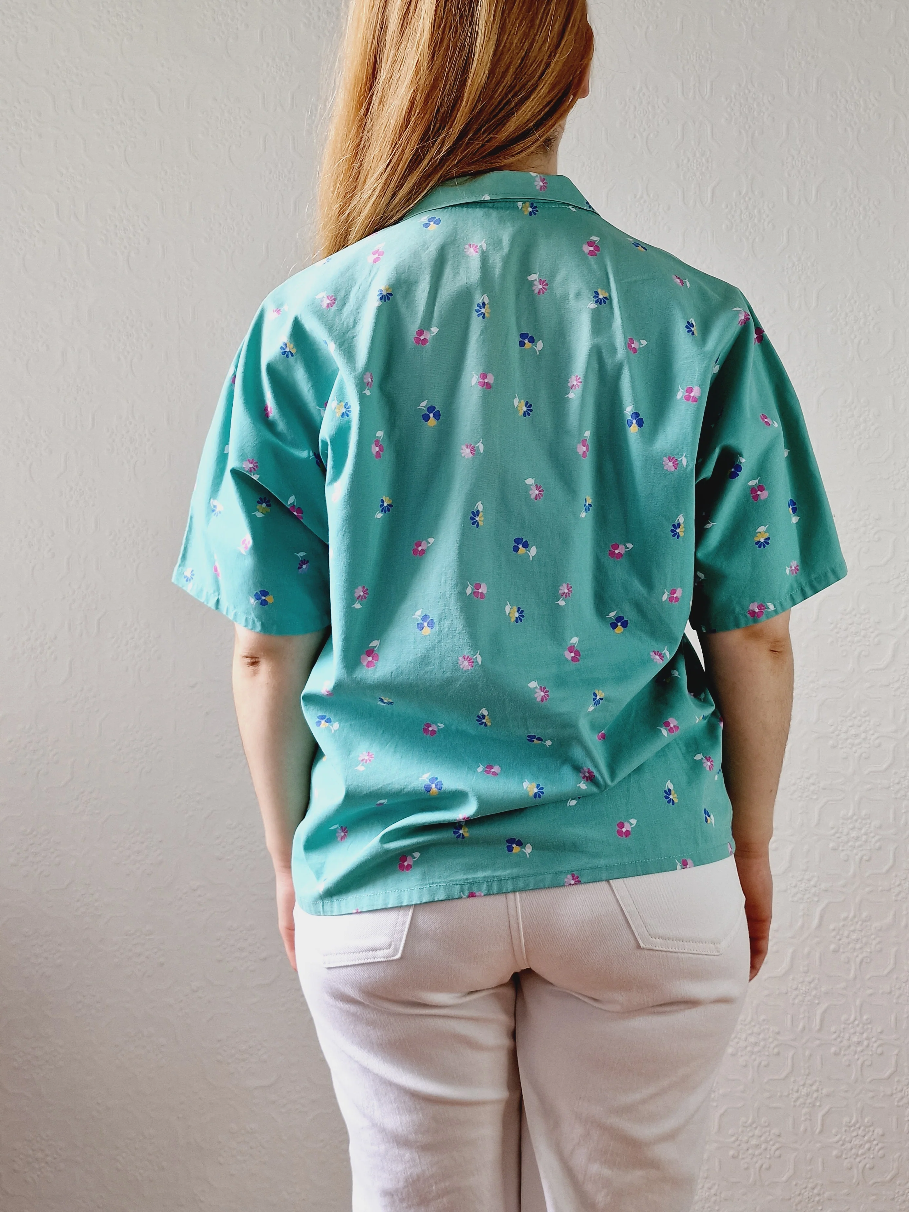 Vintage 80s Green Floral Print Short Sleeve Blouse - L/XL - Image 5