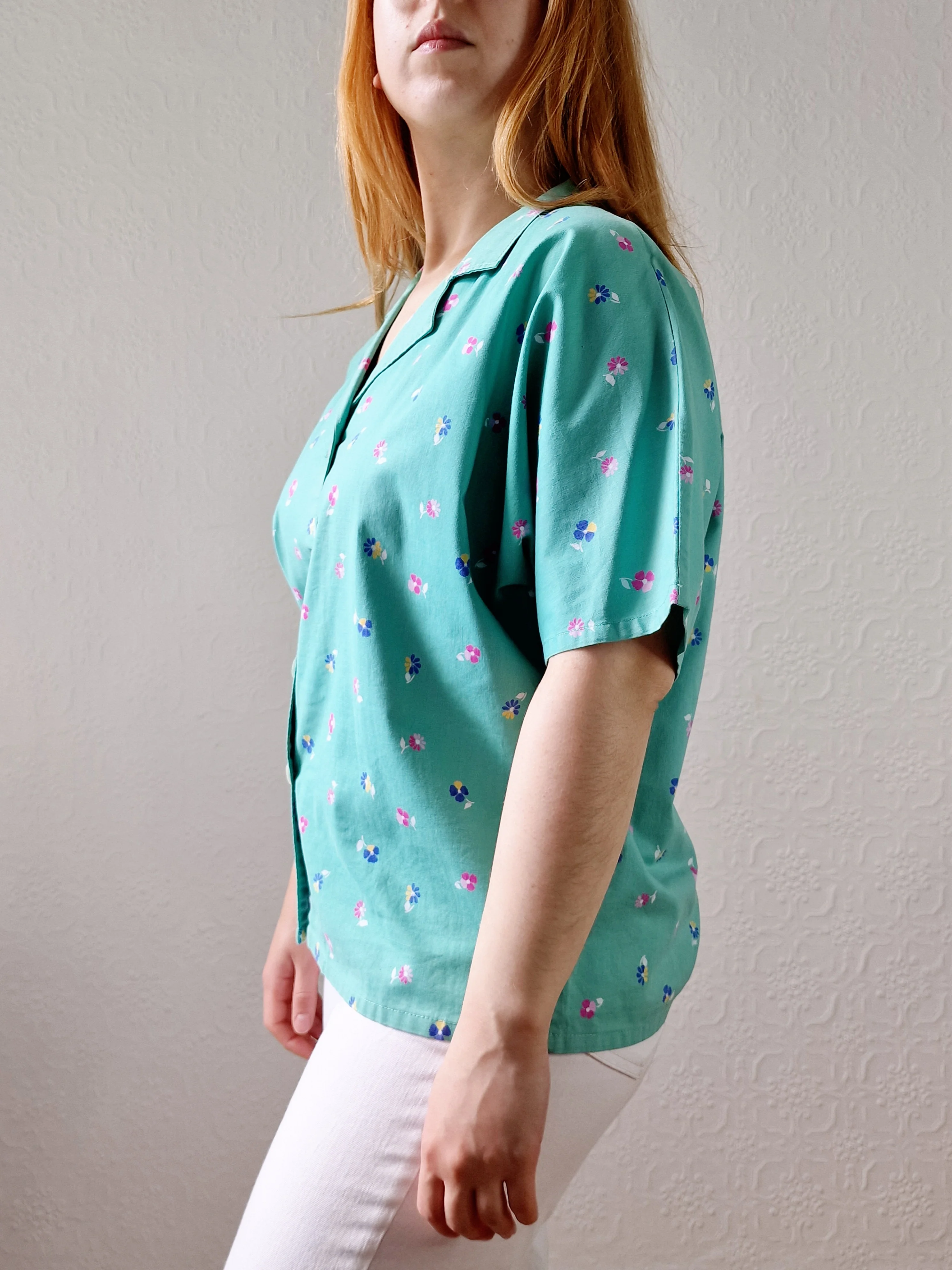 Vintage 80s Green Floral Print Short Sleeve Blouse - L/XL - Image 6