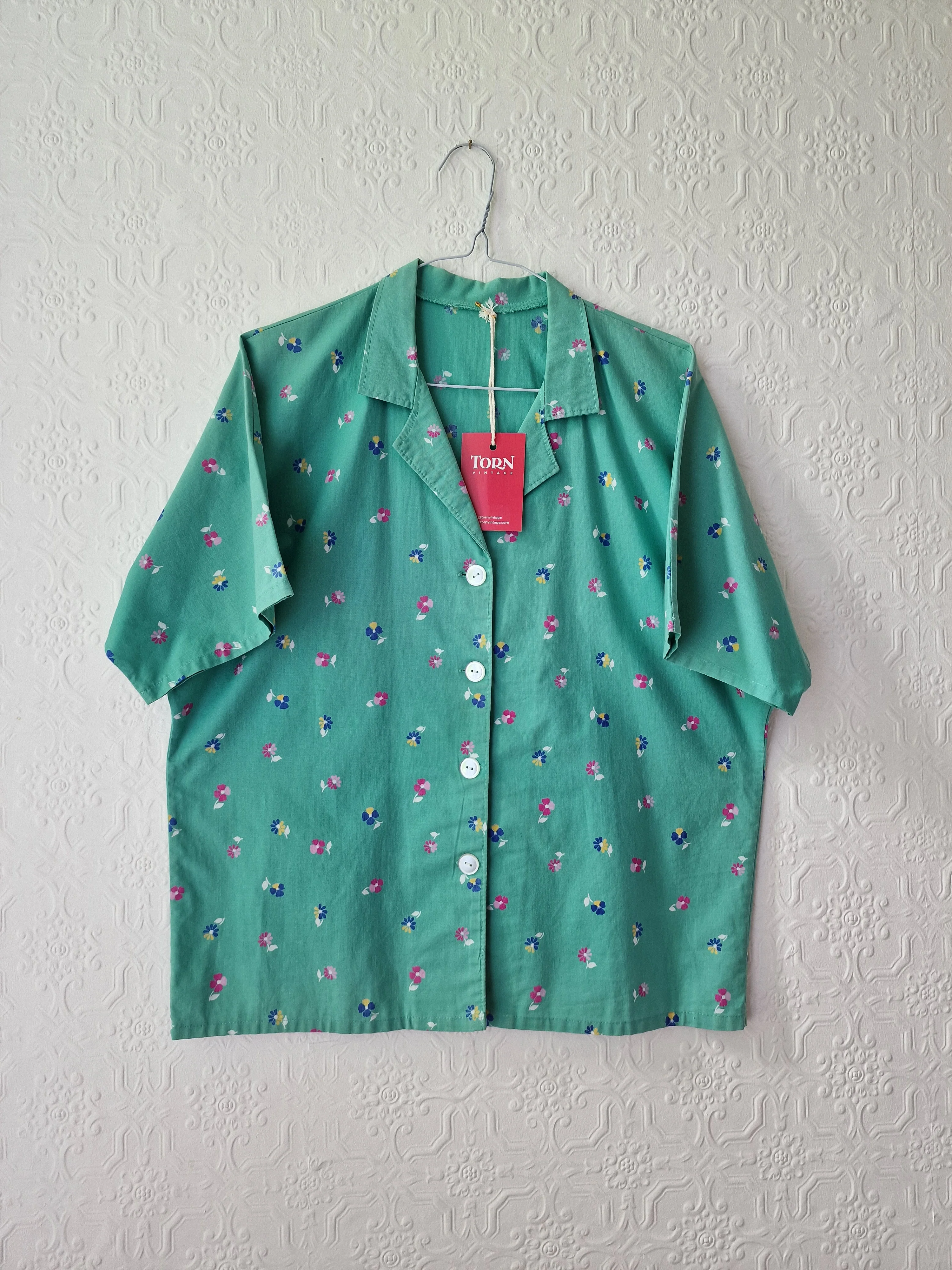 Vintage 80s Green Floral Print Short Sleeve Blouse - L/XL - Image 7