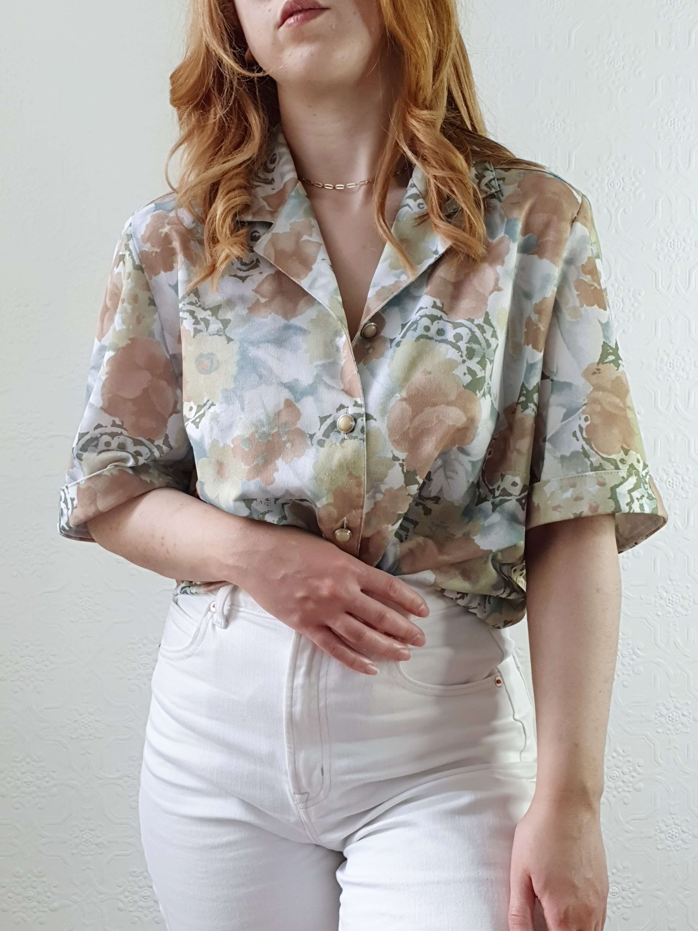 Vintage 80s Green Floral Short Sleeve Blouse - L/XL