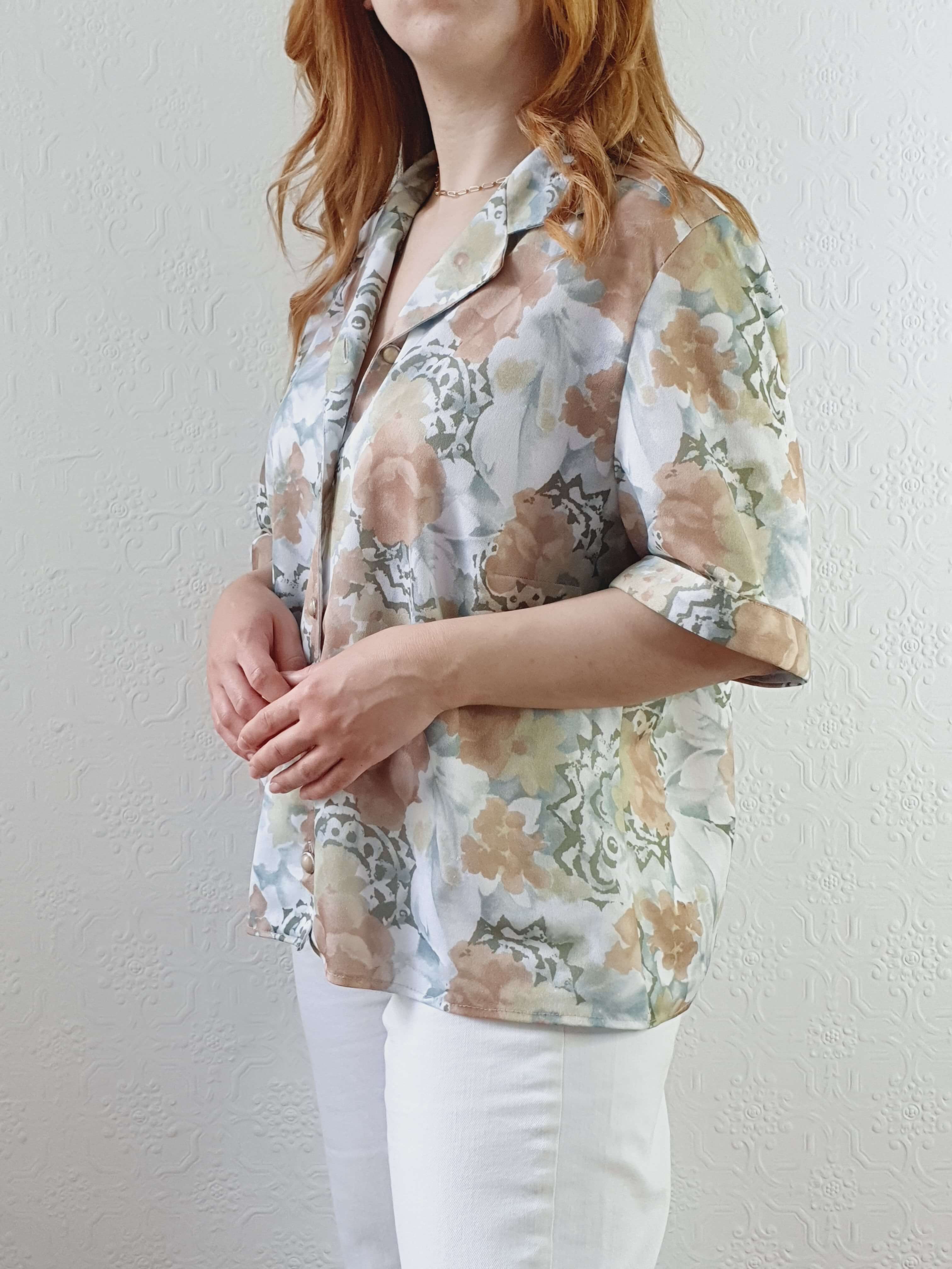 Vintage 80s Green Floral Short Sleeve Blouse - L/XL - Image 10