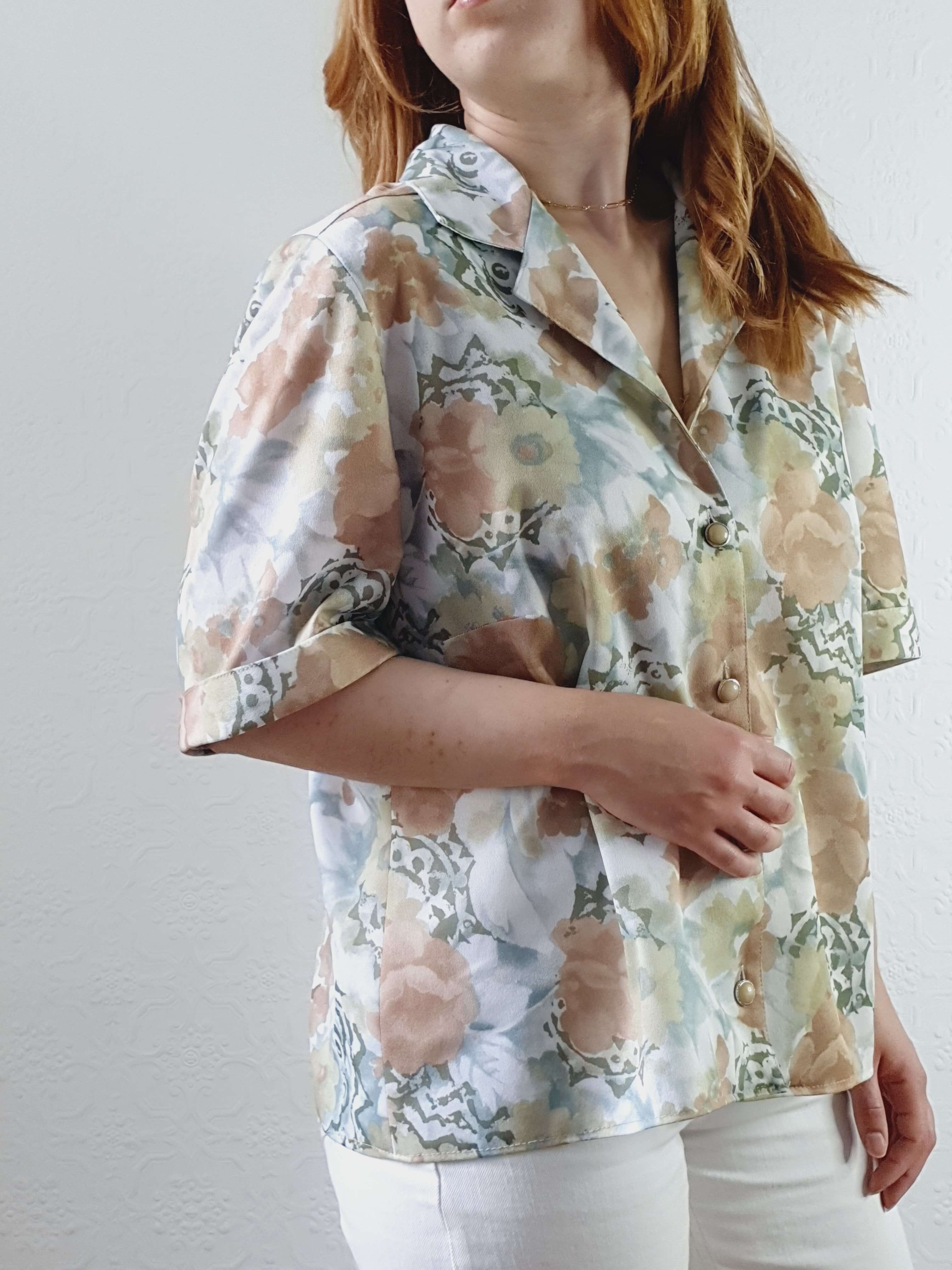 Vintage 80s Green Floral Short Sleeve Blouse - L/XL - Image 2
